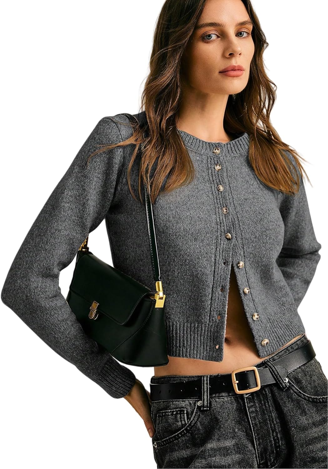 SISKIN Women's Round Neck Long Sleeve Single-Breasted Casual Short Wool Knit Thick Cardigan, Basic Knitted Sweater