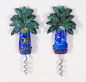 Handpainted Palm Tree Corkscrew Wine Bottle Opener With Refrigerator Magnet: Dolphin Sea Turtle (Set Of 2)