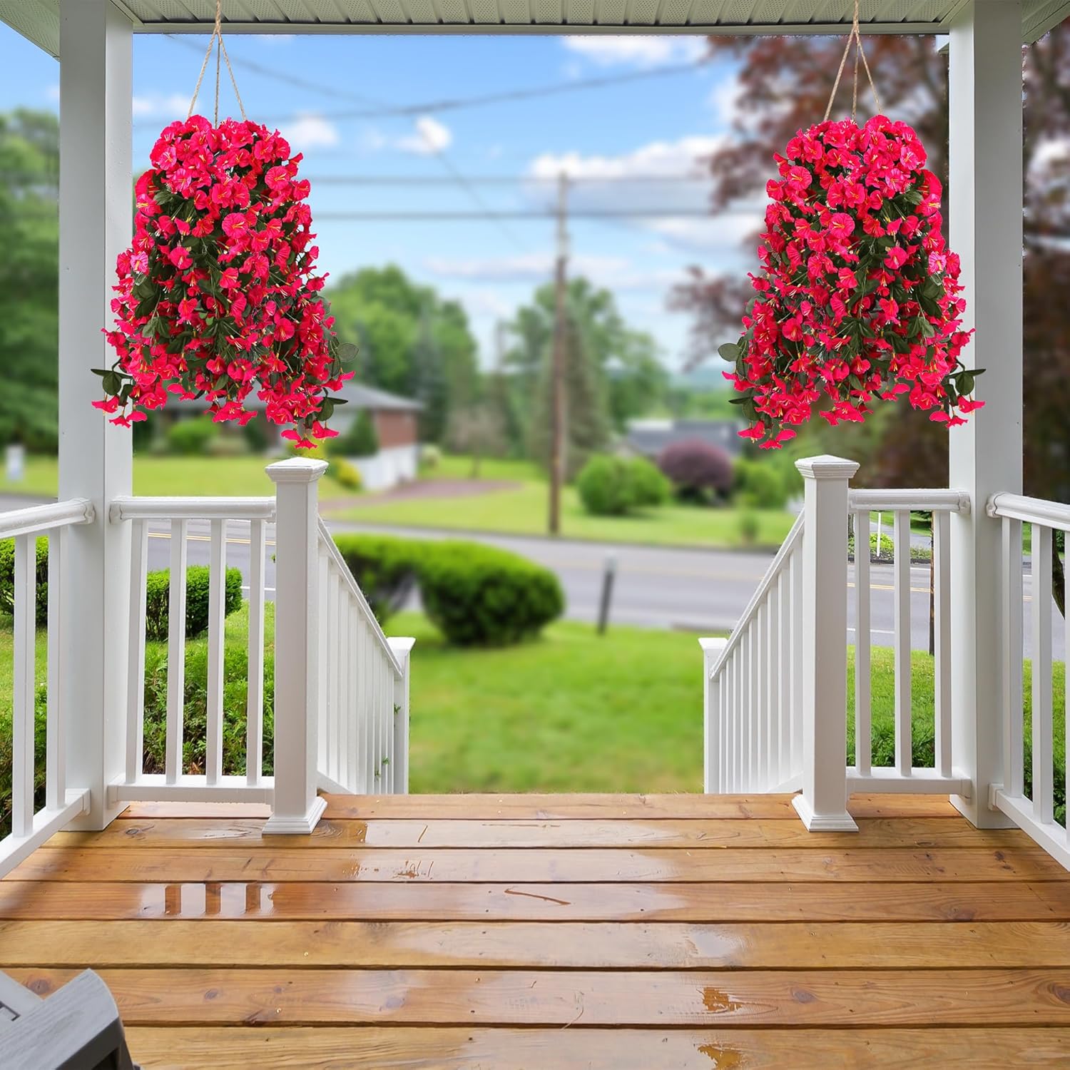 Sggvecsy Artificial Fake Hanging Flowers Plants for Outdoor Outside Spring Summer Decoration 4PCS Faux Silk UV Resistant Realistic Morning Glory Trailing Vines for Home Porch Patio Balcony(Rose red) - Image 4