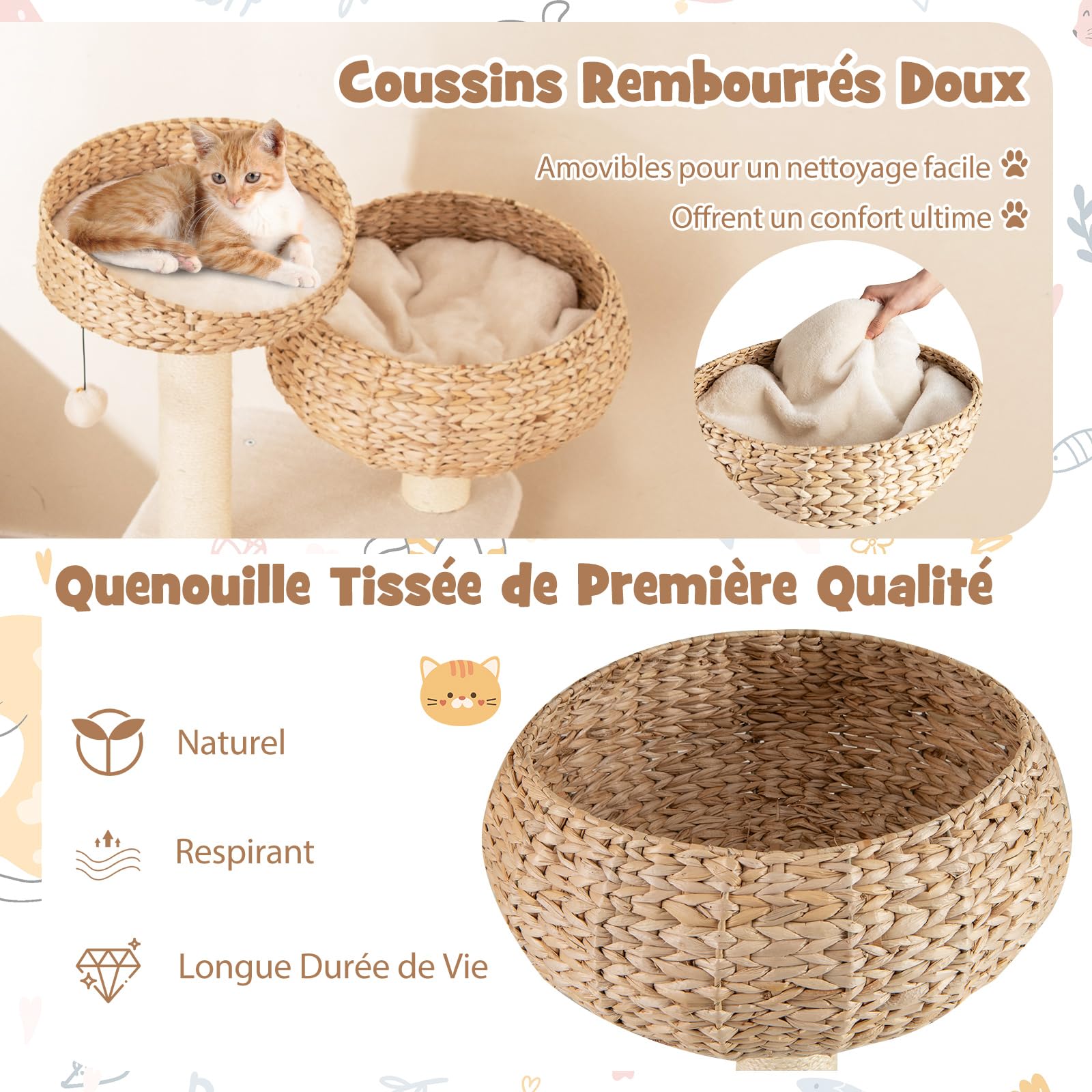COSTWAY Arbre a Chat XXL 104 cm, Arbre a Chat Bois, 3 Poteaux à Griffer en Sisal,Tour pour Chaton 3 Plateformes, Panier, Pompon, Corde à Griffer (104 cm,Beige)