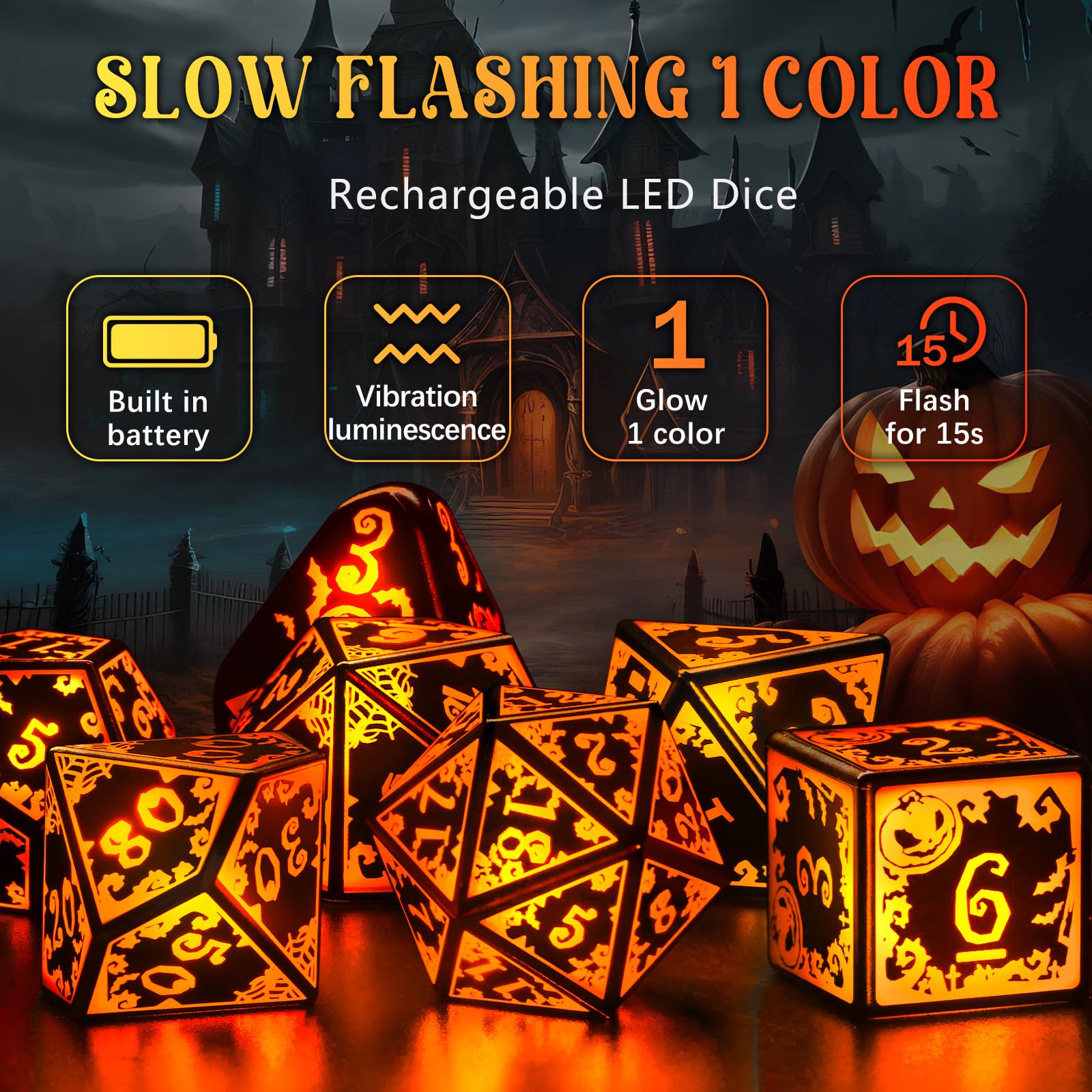 FONVGOGO Juego de dados DND con luz LED, recargables, poliédricos, con estuche de carga para juegos de mesa de Dungeons and Dragons (Pumpkin Orange)