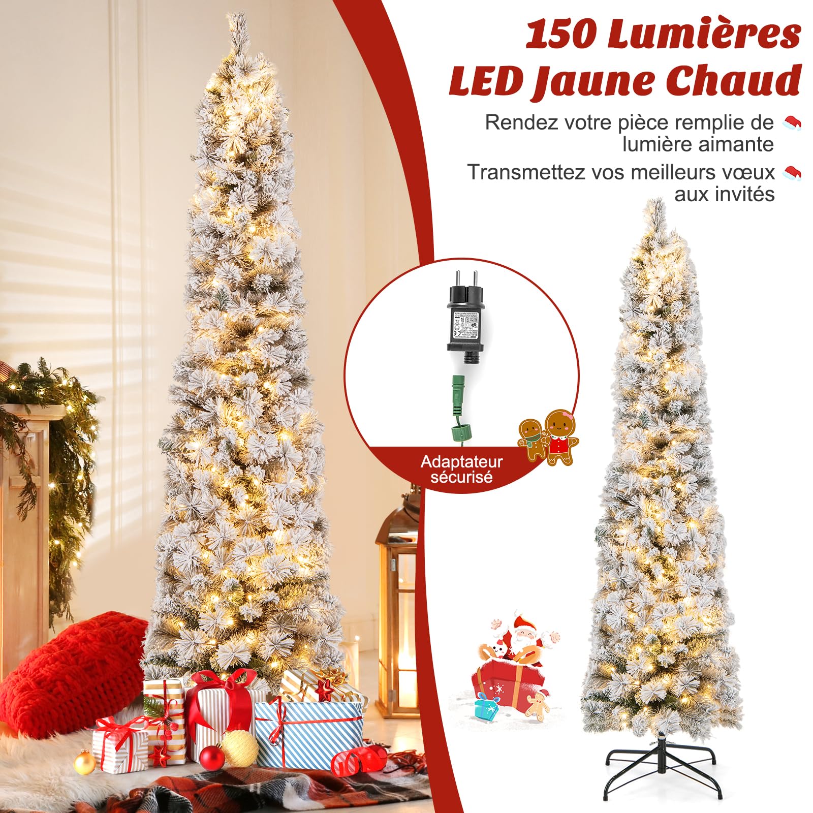 COSTWAY Sapin de Noël Artificiel 180 cm Lumineux LED, en Forme de Crayon, Floqué de Neige, 150 Lumières Blanches Chaudes, 373 Pointes de Branches, Aiguilles de Pin, pour Maison, Bureau