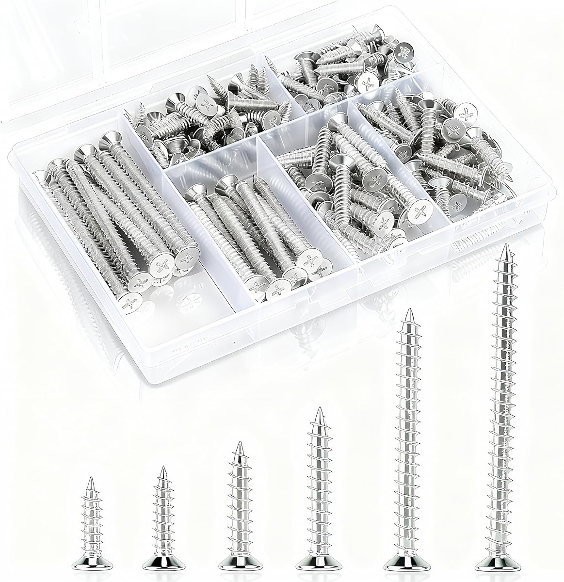 150 Pcs Wood Screws Assortment Kit, 6 Sizes High Hardness Assorted Screws Set, Phillips Drive, Long and Small Self-Tapping Screws for Wood (2”,1-1/2”,1-1/4”,1”,3/4”,1/2”)