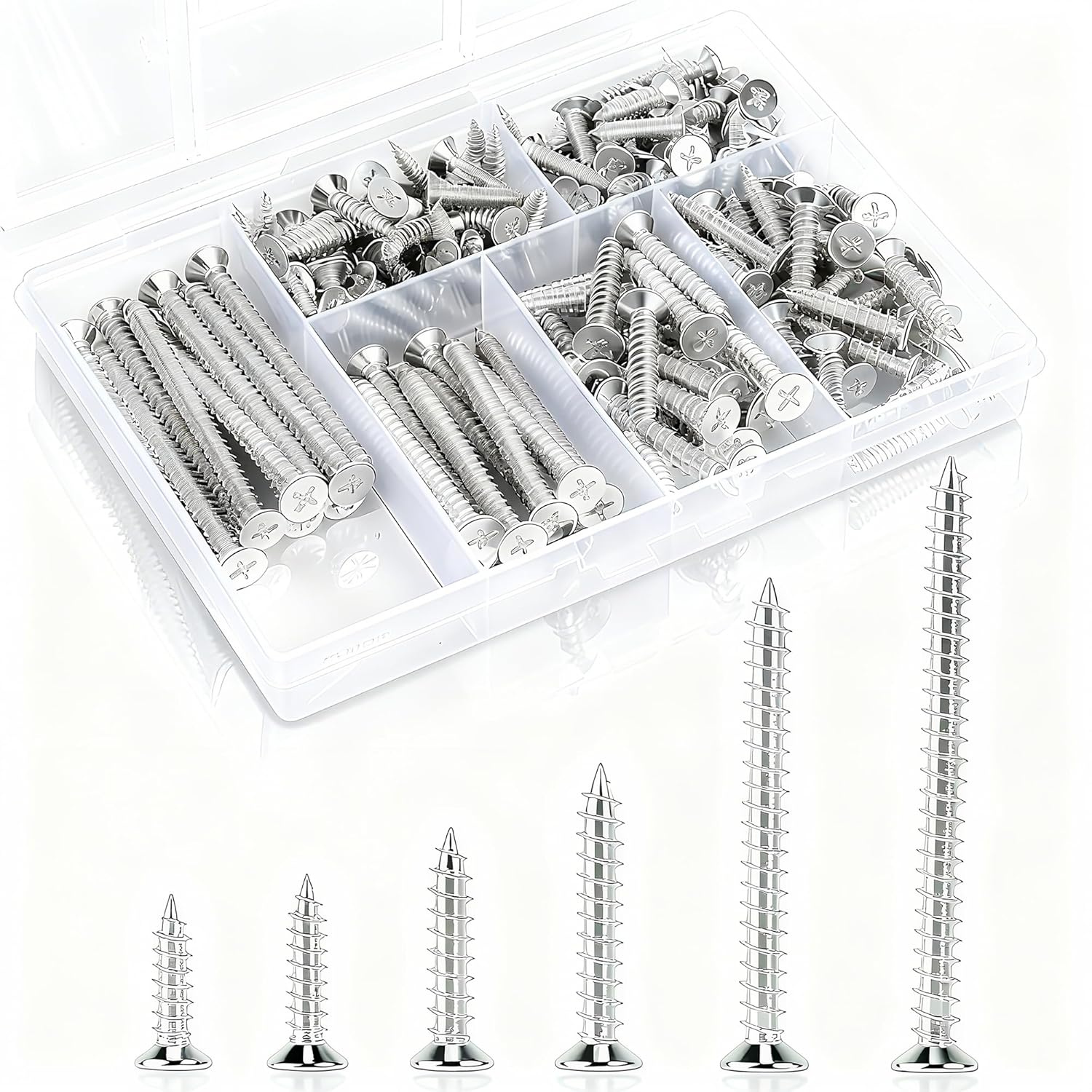 150 Pcs Wood Screws Assortment Kit, 6 Sizes High Hardness Assorted Screws Set, Phillips Drive, Long and Small Self-Tapping Screws for Wood (2”,1-1/2”,1-1/4”,1”,3/4”,1/2”)