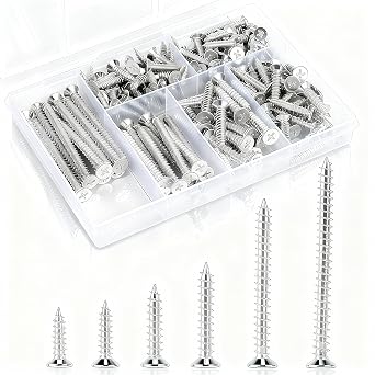150 Pcs Wood Screws Assortment Kit, 6 Sizes High Hardness Assorted Screws Set, Phillips Drive, Long and Small Self-Tapping Screws for Wood 2,1-1/2,1-1/4,1,3/4,1/2