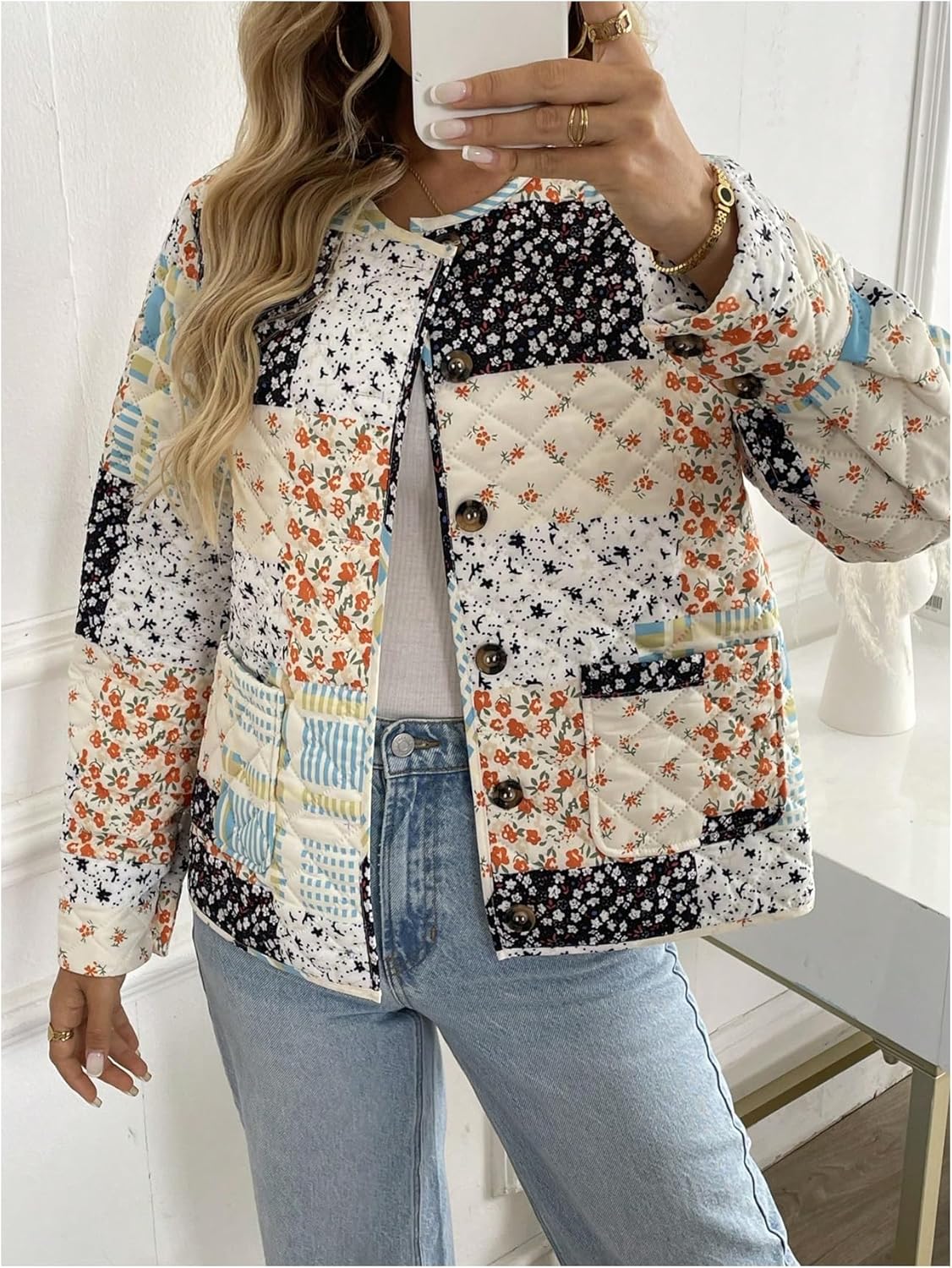 Milumia Women's Patchwork Jacket Quilted Floral Button Down Long Sleeve Going Out Jackets - Image 5