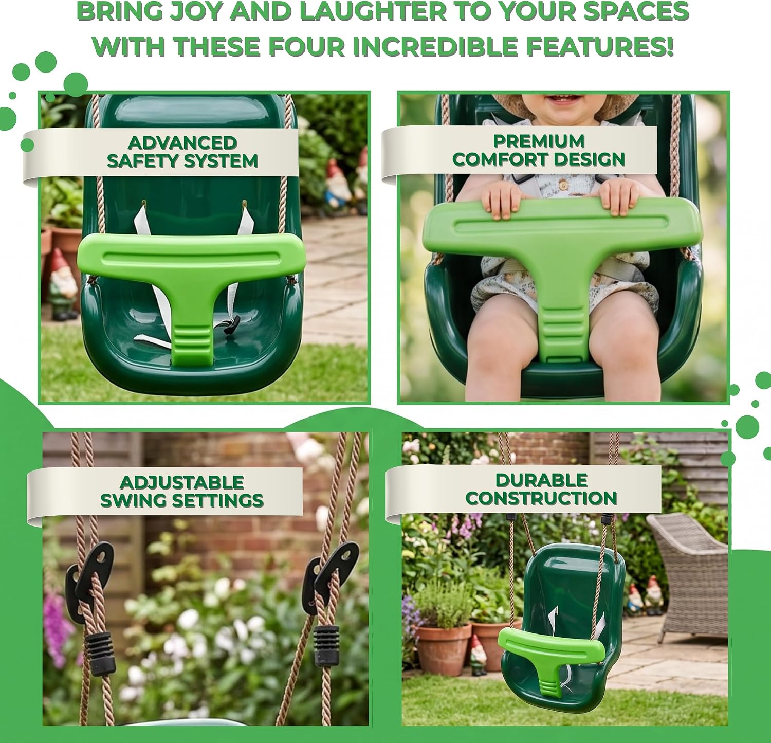 Baby Swing Seat with Safety Harness, High Back & Ropes… thumbnail 5