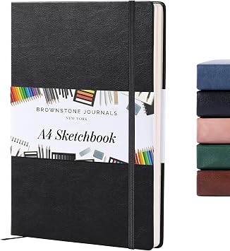 BROWNSTONE JOURNALS A4 Sketch Book Hardcover - 80 Sheets 100 GSM Paper 8.5"x11.5", Lay Flat, Vegan Leather Cover, Elastic Band, Back Pocket, Art Drawing Book Charcoal Black