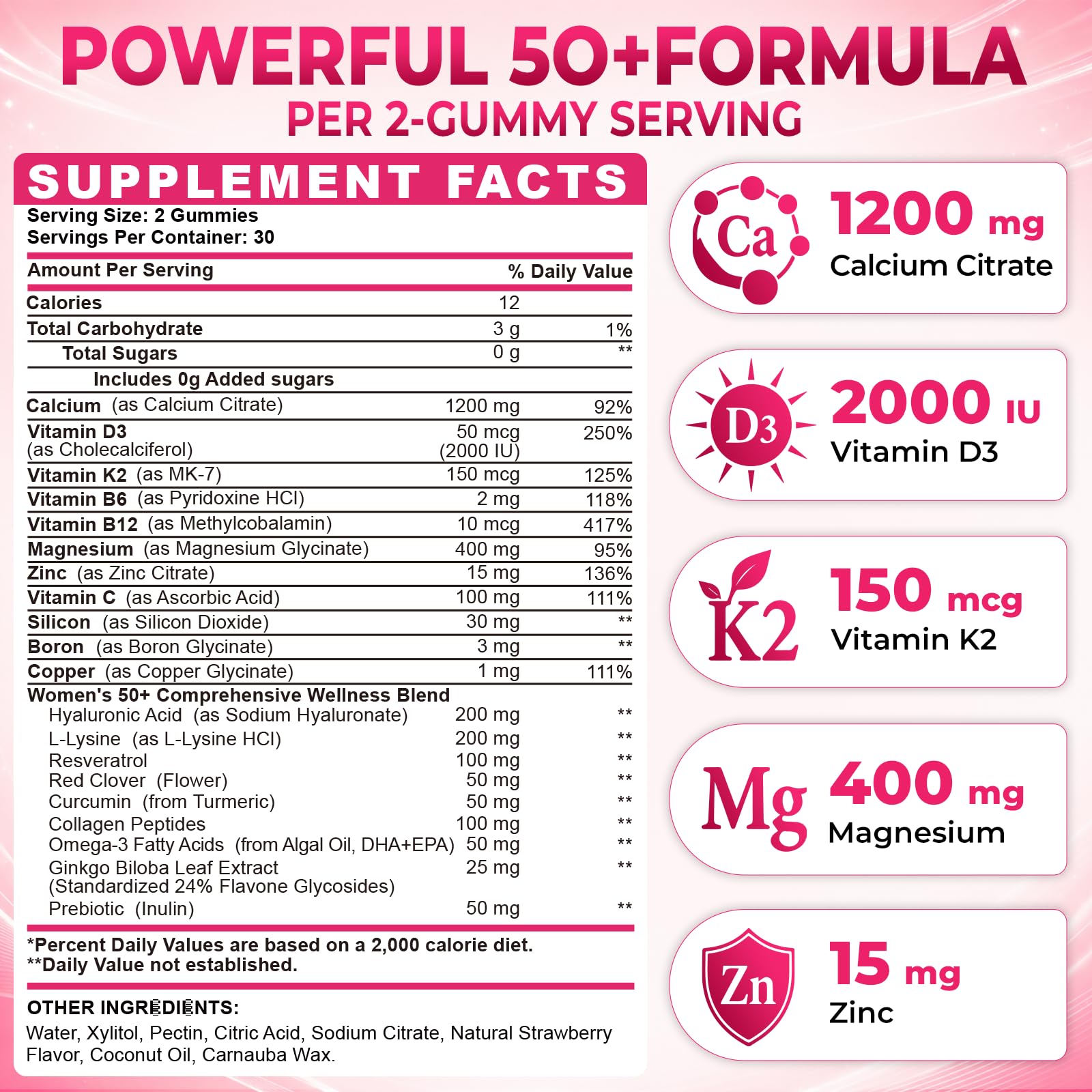 50+ Women’s Calcium Citrate Gummies, 1200mg Calcium with Vitamin D3, K2, C & Zinc, Magnesium Glycinate, Calcium Supplements for Women Over 50, Mobility Support, Strawberry Flavor, 120 Count — Amazon image 3