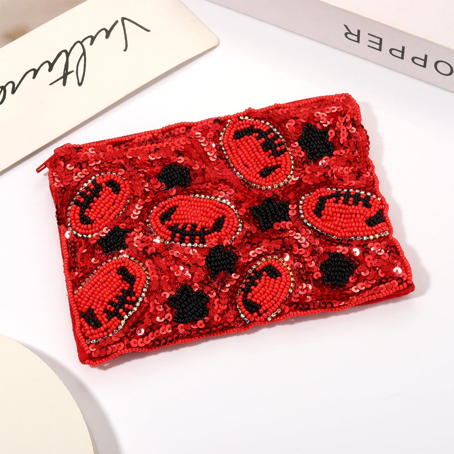 Beaded Coin Purse for Women Football Touch Down Coin Bag Handmade Change Purse Holder Wallet with Zipper Game Day Outfits Accessories Party Gifts (Style F) - Image 2