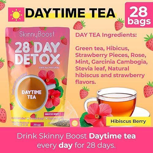 Miniatura 5 de SkinnyBoost Kit de té de desintoxicación de 28 días, 1 hibisco diurno (28 bolsas), 1 canela de manzana por la noche (14 bolsas) sin OMG, vegano,