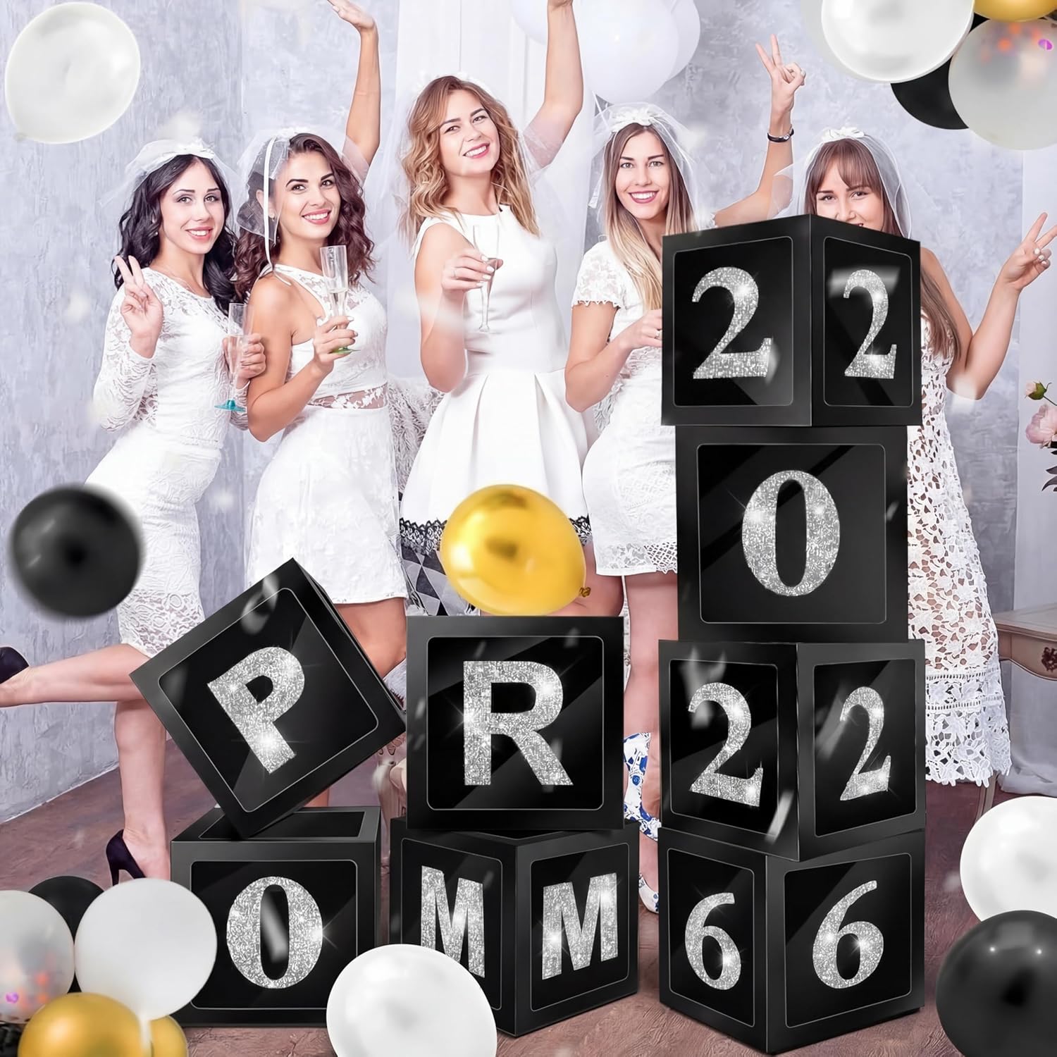 Sinmoe 8 Pcs Prom Decorations for Party 2026 Prom Column Standup 12 Inches PVC Sparkle Balloons Boxes Set Graduation Senior Night Decorations for 2026 Masquerade Graduation Photo Booth(Black Silver)