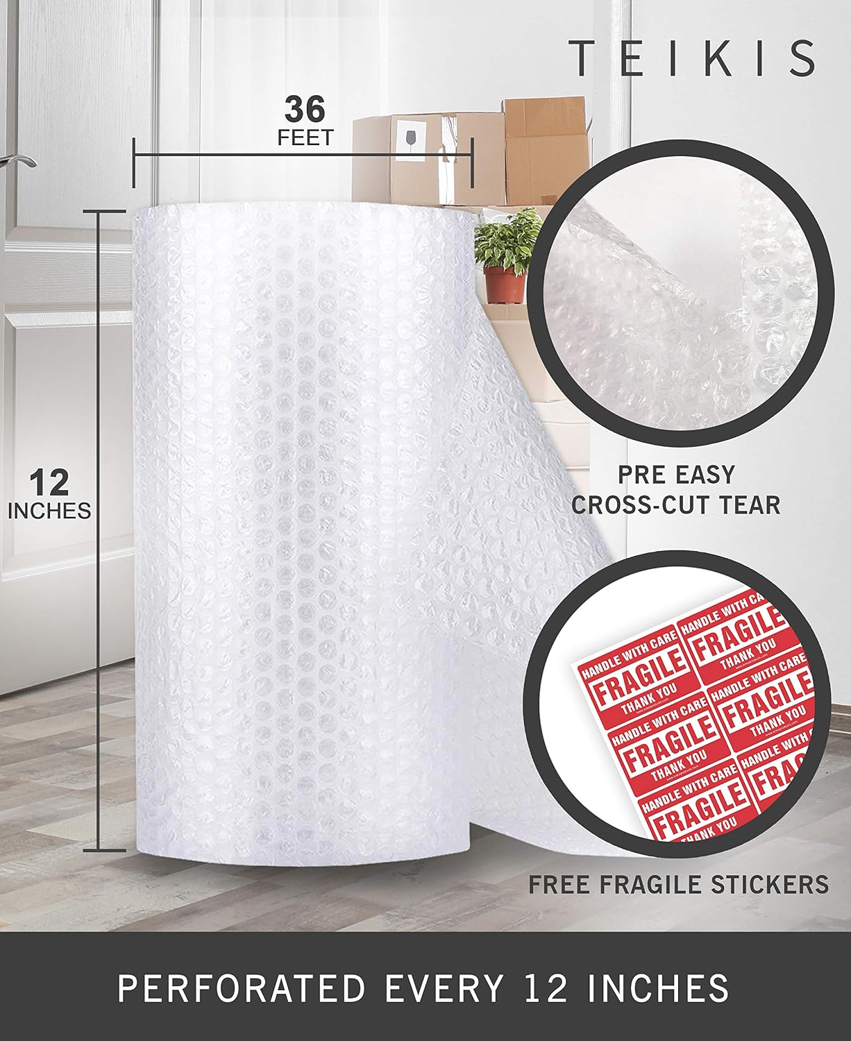 TeiKis 1-Pack (12 in x 36 ft) Bubble Cushioning Wrap Roll Perforated 3/16 inch for Moving Shipping Packing Supplies with 10 Fragile Stickers