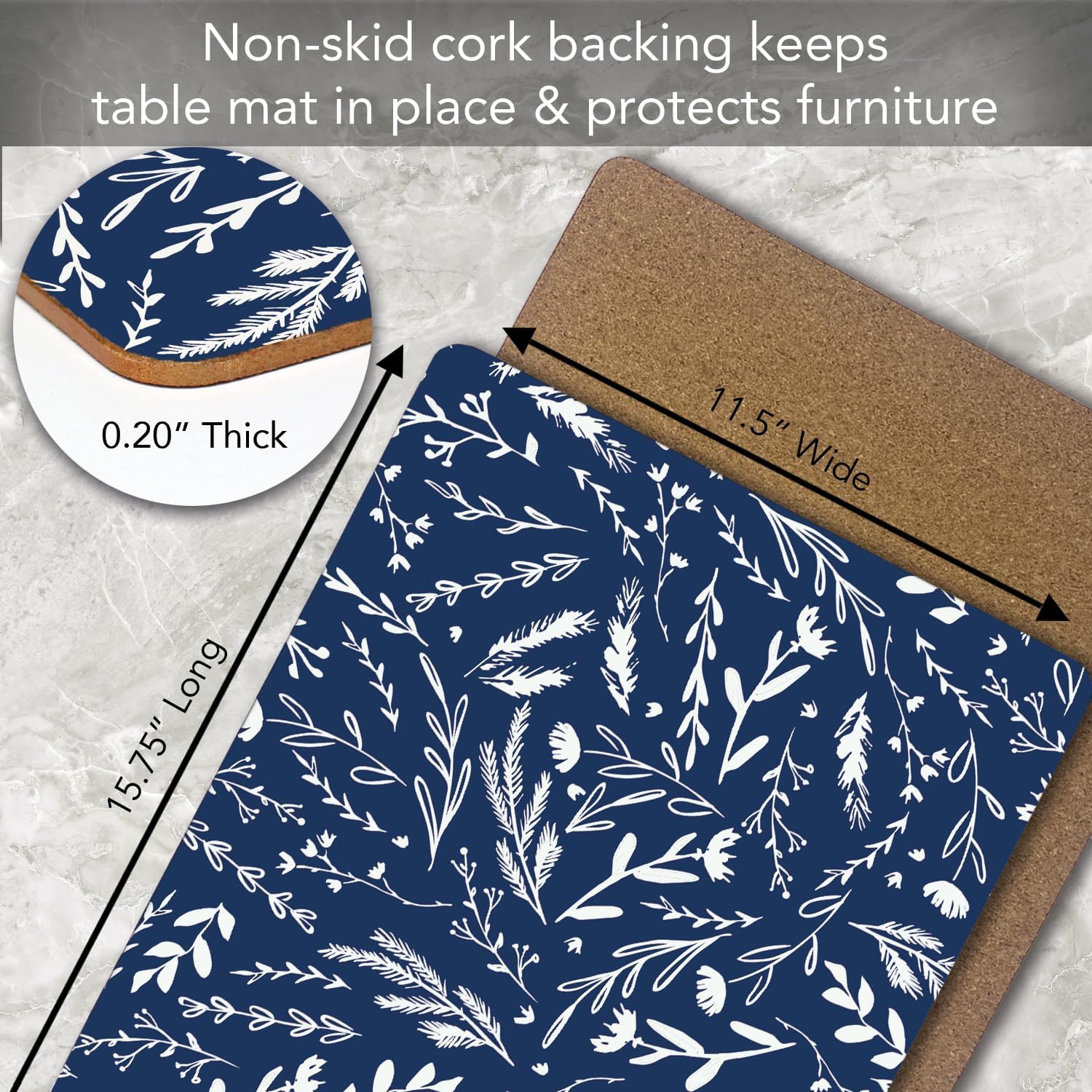 CounterArt Navy Meadow Sketch Premium Decorative Hardboard Tabletop Placemats 4-Pack Manufactured in The USA Heat Tolerant and Easily Wipes Clean