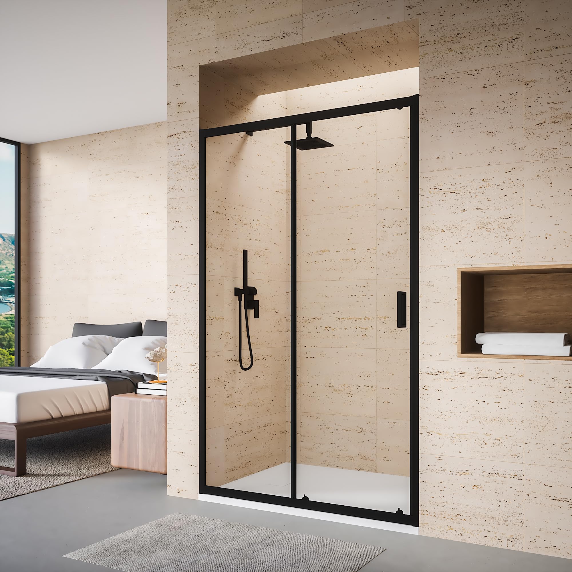 Box Doccia Nicchia 110cm Apertura Scorrevole Vetro Temperato 6mm Trasparente Profili Nero Opaco h185cm mod. Tonga