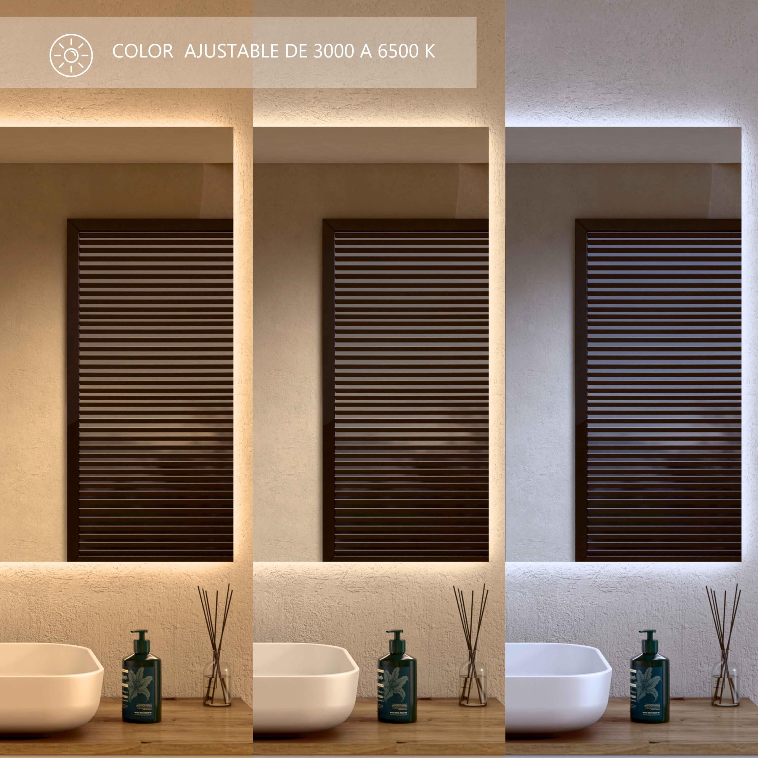 BELLOBATH - Espejo Baño con Luz Led, Luz Ajustable en 3 Colores e Intensidad, Antivaho, Espejos de Baño con Led, Waterproof IP65 - Luz Indirecta - 80cm Alto x 120cm Ancho