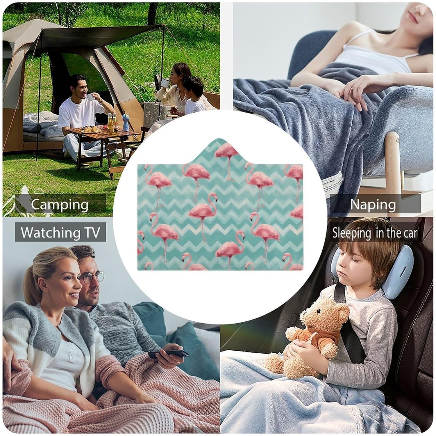 Flamingos Diamonds Stripes Wearable Blanket Hoodie | Flannel Fuzzy Machine Washable Home Camping Lounging