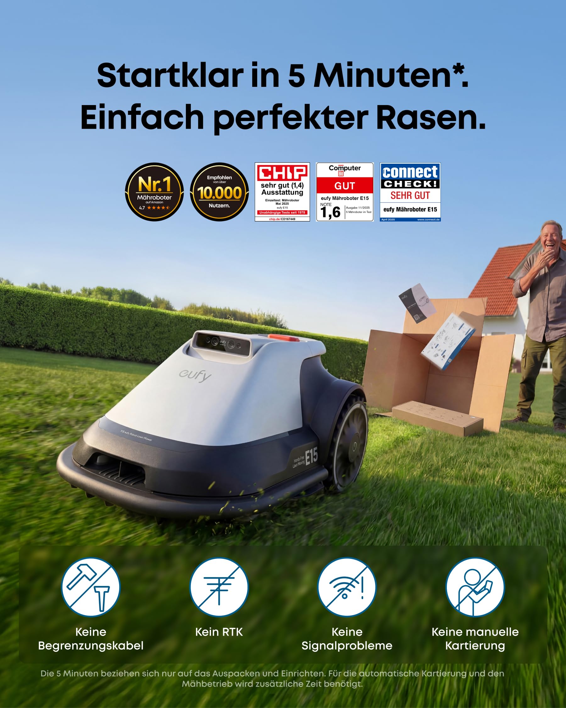 eufy E15 Mähroboter ohne Begrenzungskabel, Garten bis 800m², Keine Signalausfälle, Kein RTK, TrueVision Technologie, Smart-Navigation, Präzisionsrandschnitt, Hindernisvermeidung, App-Steuerung