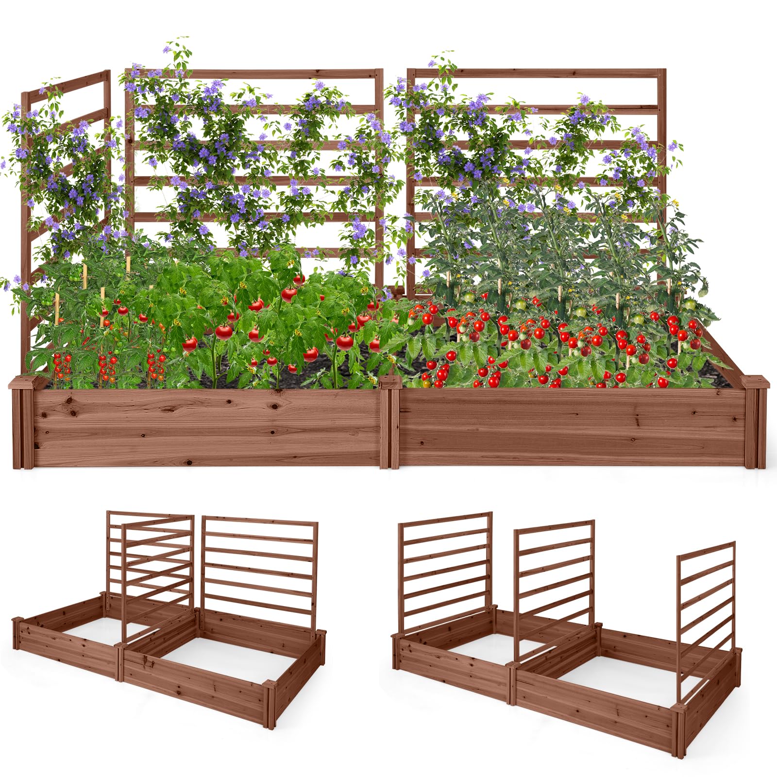COSTWAY Jardinera con Enrejado, Cama Elevada de Jardín con 2 Maceteros y 3 Enrejados, Kit de Macetero de Madera para Exteriores, Macetero Elevado para Patio de Jardín, 222 x 114 x 110 cm (Marrón)