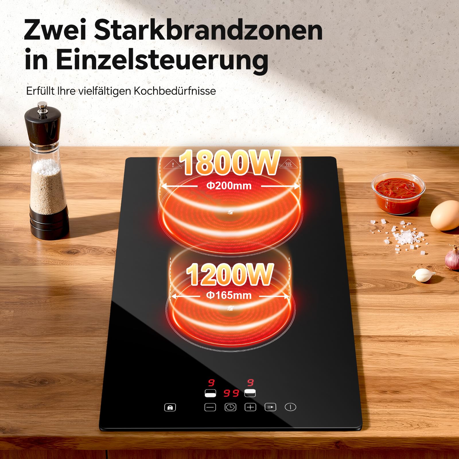 SNDOAS Glaskeramikkochfeld 2 Platten 3000W 9 Leistungsstufen Touch-Steuerung Timer Kindersicherung Schwarz