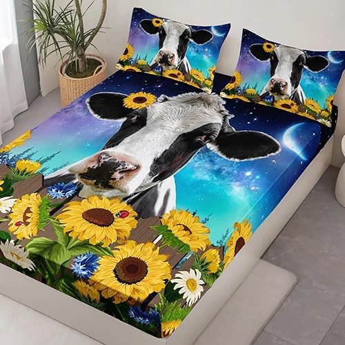 Miniatura 2 de HOSIMA Sábana bajera ajustable con estampado de vaca con 2 fundas de almohada, juego de ropa de cama con temática de animales de granja, girasol,