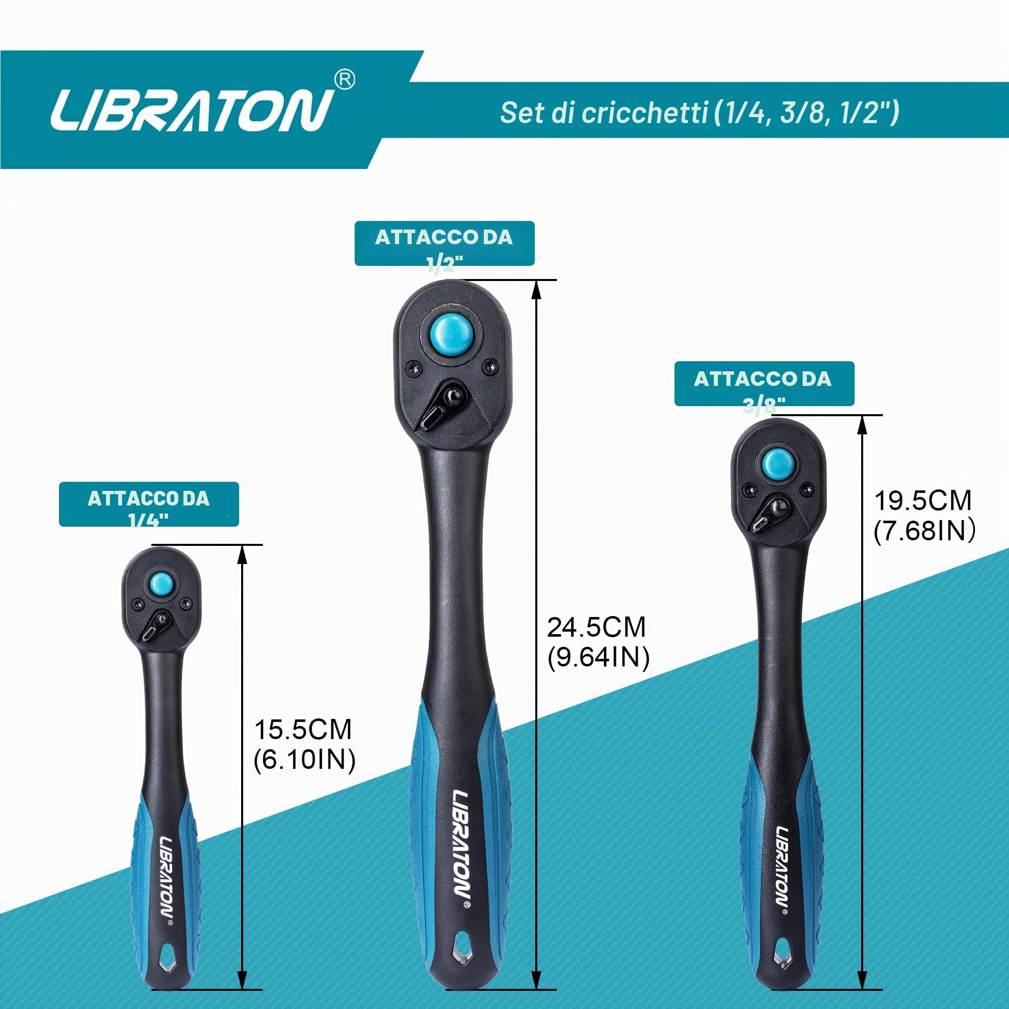LIBRATON Cricchetto reversibile, Set di 3 chiave a cricchetto 1/4", 3/8", 1/2", impugnatura a cricchetto sgancio rapido a 72 denti, con organizer in EVA