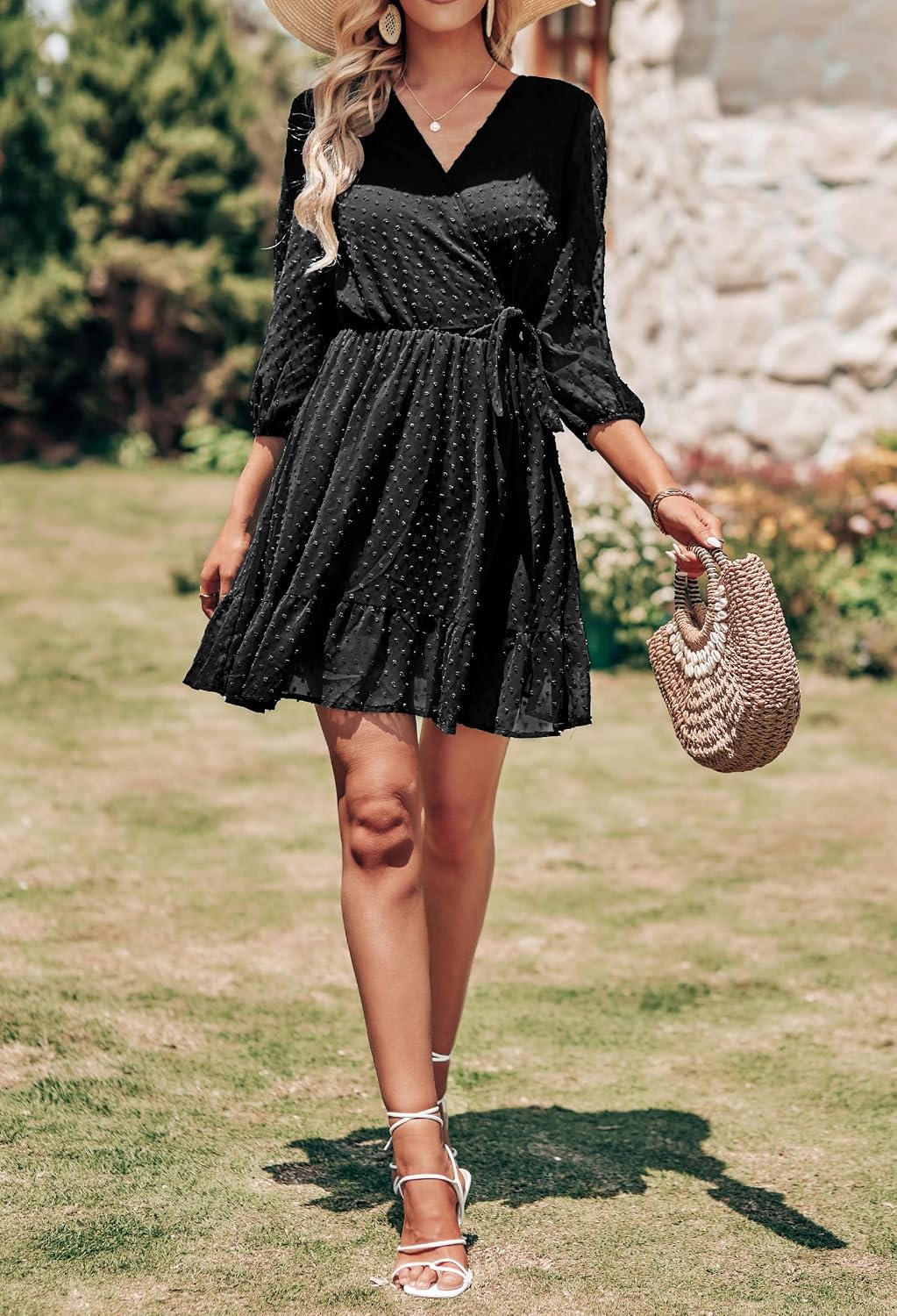 BTFBM Women's Summer Wrap V Neck Dresses Casual 3/4 Short Sleeve Tie High Waist Swiss Dot Ruffle Hem Swing Mini Flowy Dress