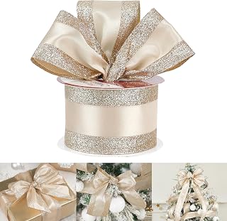 HUIHUANG Champagne Satin Wired Ribbon with Glitter Edges 2.5 Inch x 10 Yds