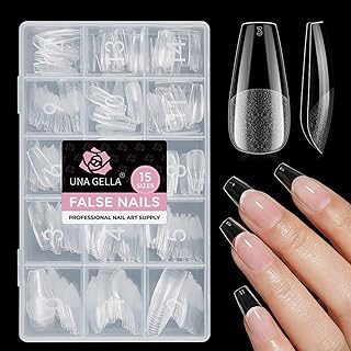 UNA GELLA Coffin Gel Nail Tips Medium 15 Sizes 300PCS Pre-Etched Clear Fake Nail Tips Easy DIY Salon Medium Coffin Press On Nails Snug Fit Full False Acrylic Tips Extensions Long-Lasting Hold
