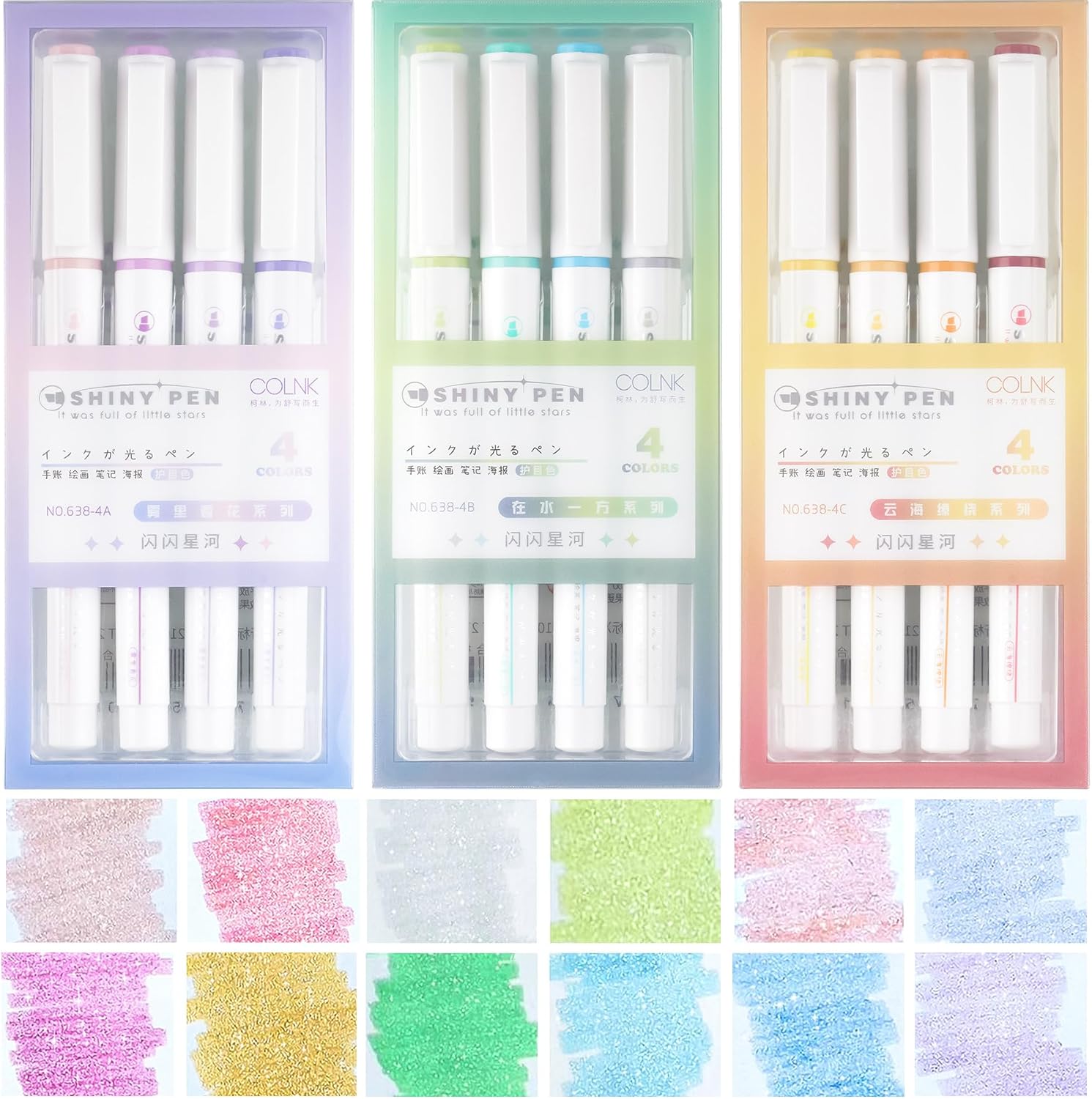 NiArt Glitter Highlighter Pens 12 Pastel Colors, Chisel