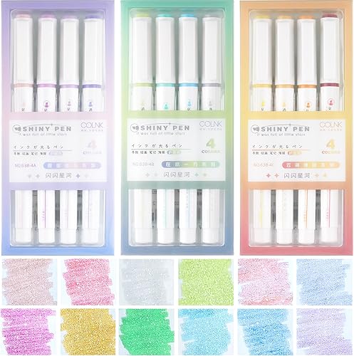 NiArt Rotuladores con purpurina, 12 colores pastel, punta de cincel para líneas gruesas y finas con tinta a base de agua de secado rápido, no