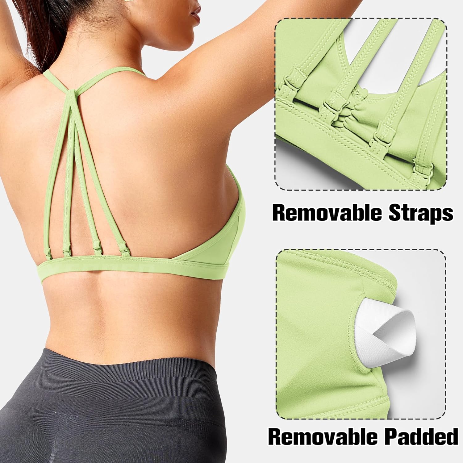 YEOREO Workout Sports Bras for Women Padded Strappy Open Back Gym Bra Light Impact Criss Cross Yoga Crop Top - Image 2