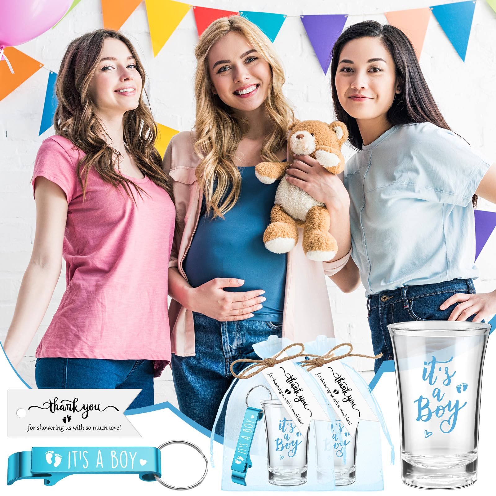 50 juegos de vasos de chupito acrílicos para baby shower con abrebotellas, llaveros, etiquetas de agradecimiento y bolsas, regalos de fiesta de revelación de género para invitados, baby
