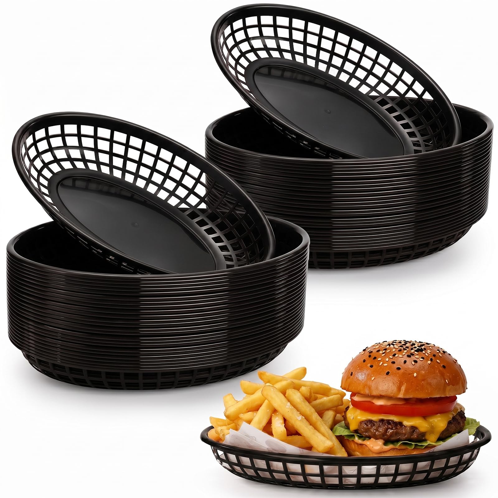 Lawei Black 50 Pack Oval Food Basket Plastic Diner Fast Food Basket For Fries Chip Sandwiches Burgers Picnics Bbq Party,