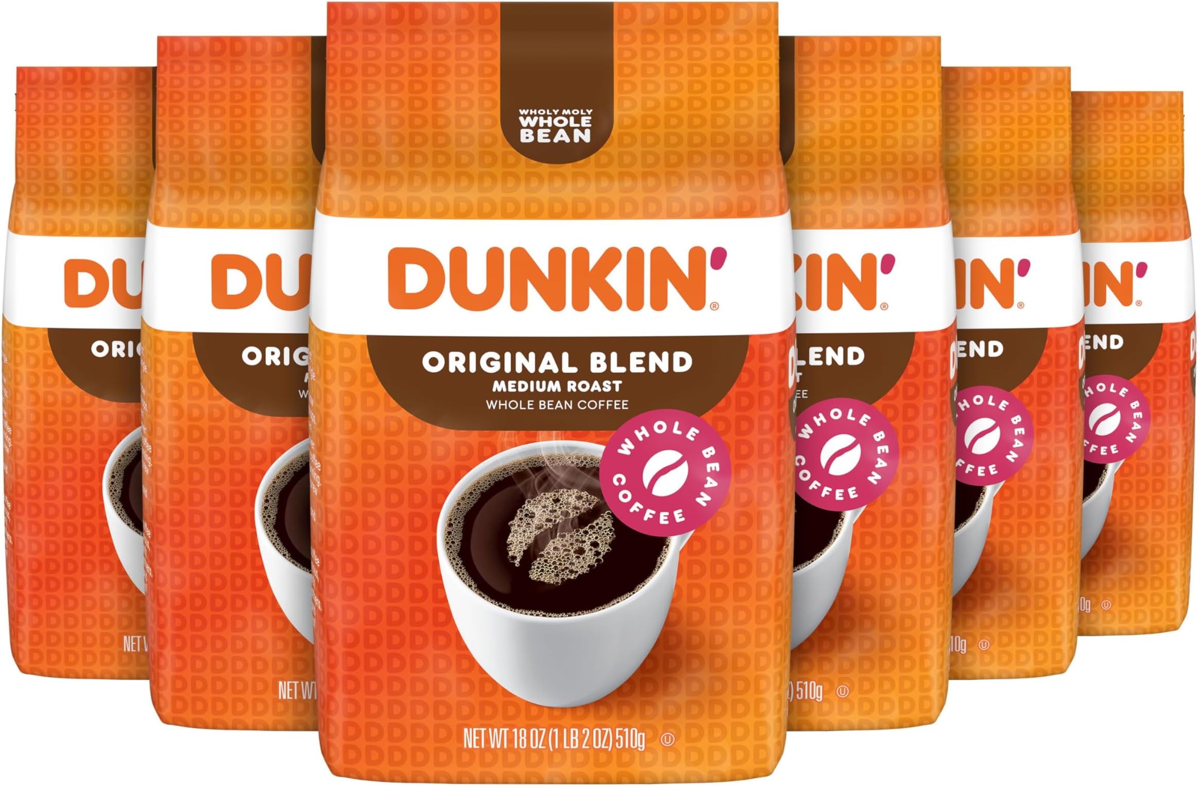 Dunkin' Original Blend Medium Roast Whole Bean Coffee, 18 Ounces (Pack of 6)