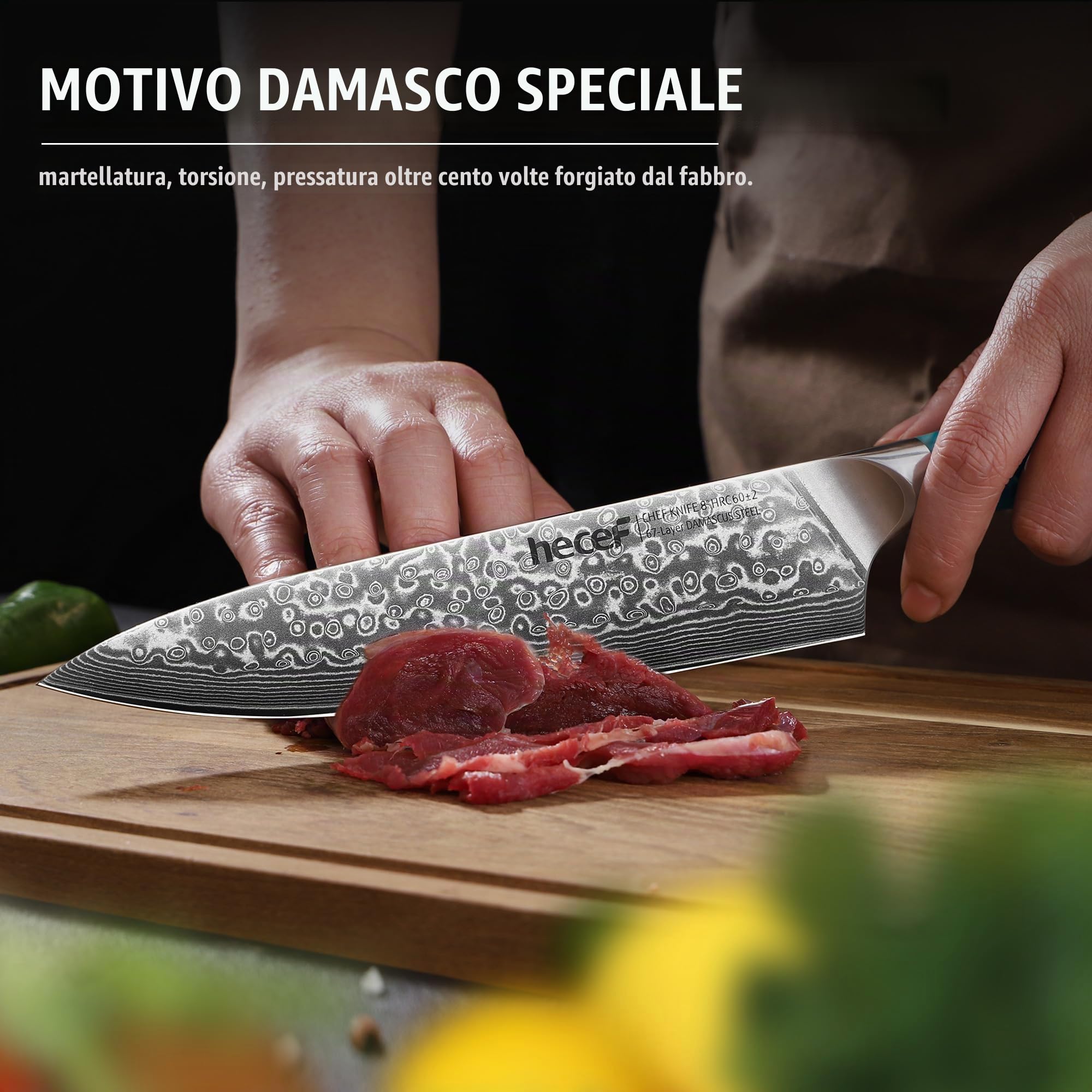 hecef Coltello Giapponese, 20 cm Coltello da Cucina Professionale con Manico Ergonomico in Resina, 67 Strati VG10 Coltello Damasco, Coltello Chef con Fodero Protettivo Della Lama