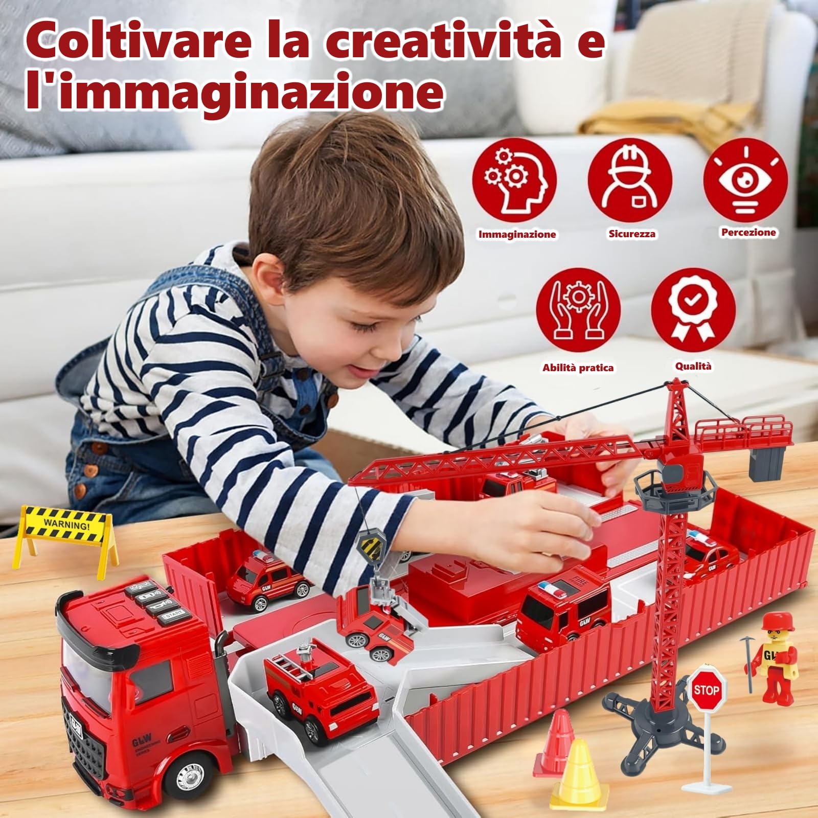 Camion Pompieri per Bambini, Veicoli da Cantiere, Veicolo Giocattolo da Trasporto con Musica e Luci, 6 Mini Camion Pompieri, Giocattolo Della Gru