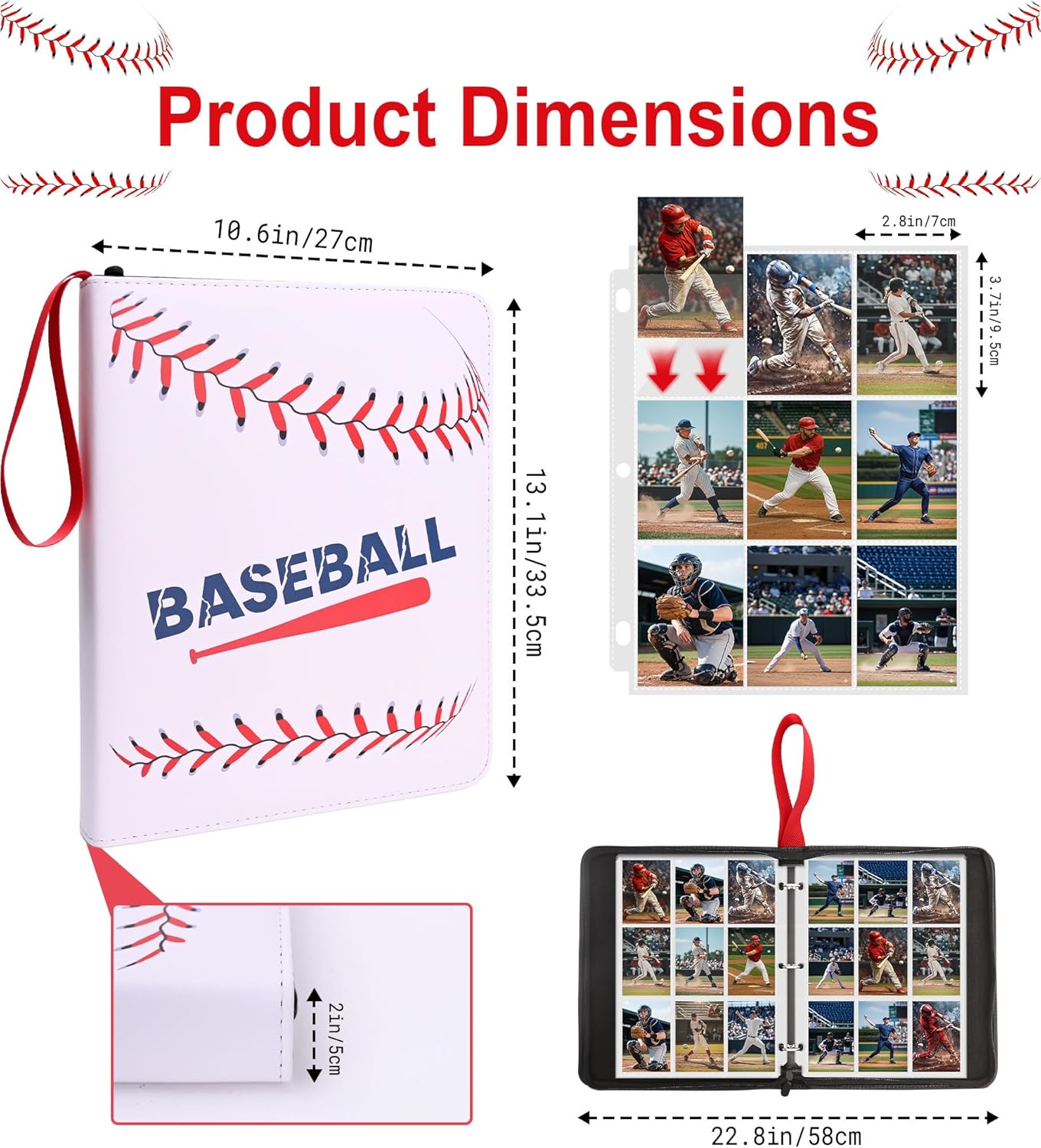 Baseball Card Binder 9 Pocket, 1080 Trading Card Binder Album Holder with 60 Removable Sleeves, Waterproof Zipper Sports Binder for Baseball, Collectible Cards