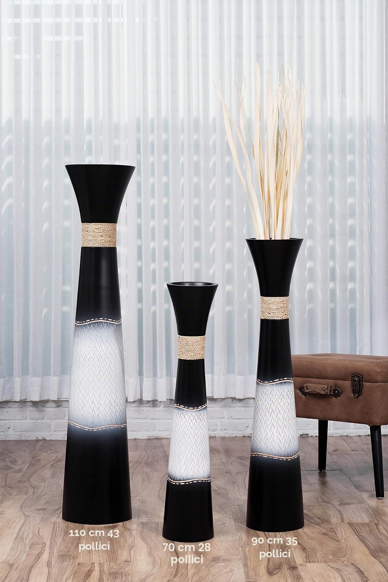 Leewadee Vaso da Terra Grande 65 cm Legno di Mango Pampas & Fiori Secchi