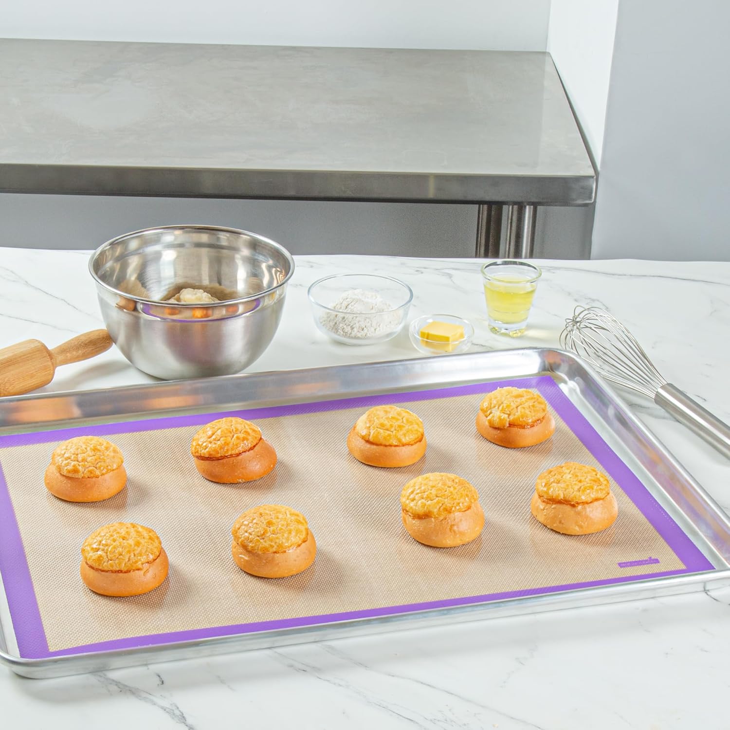 Restaurantware Full Size Baking Mat 1 Heat-Resistant Cooking Mat - Allergen-Safe Reusable And Ultra-Durable Tan And Purple Silicone Nonstick Mat For Pans And Rolling 23.6 x 15.75 Inch