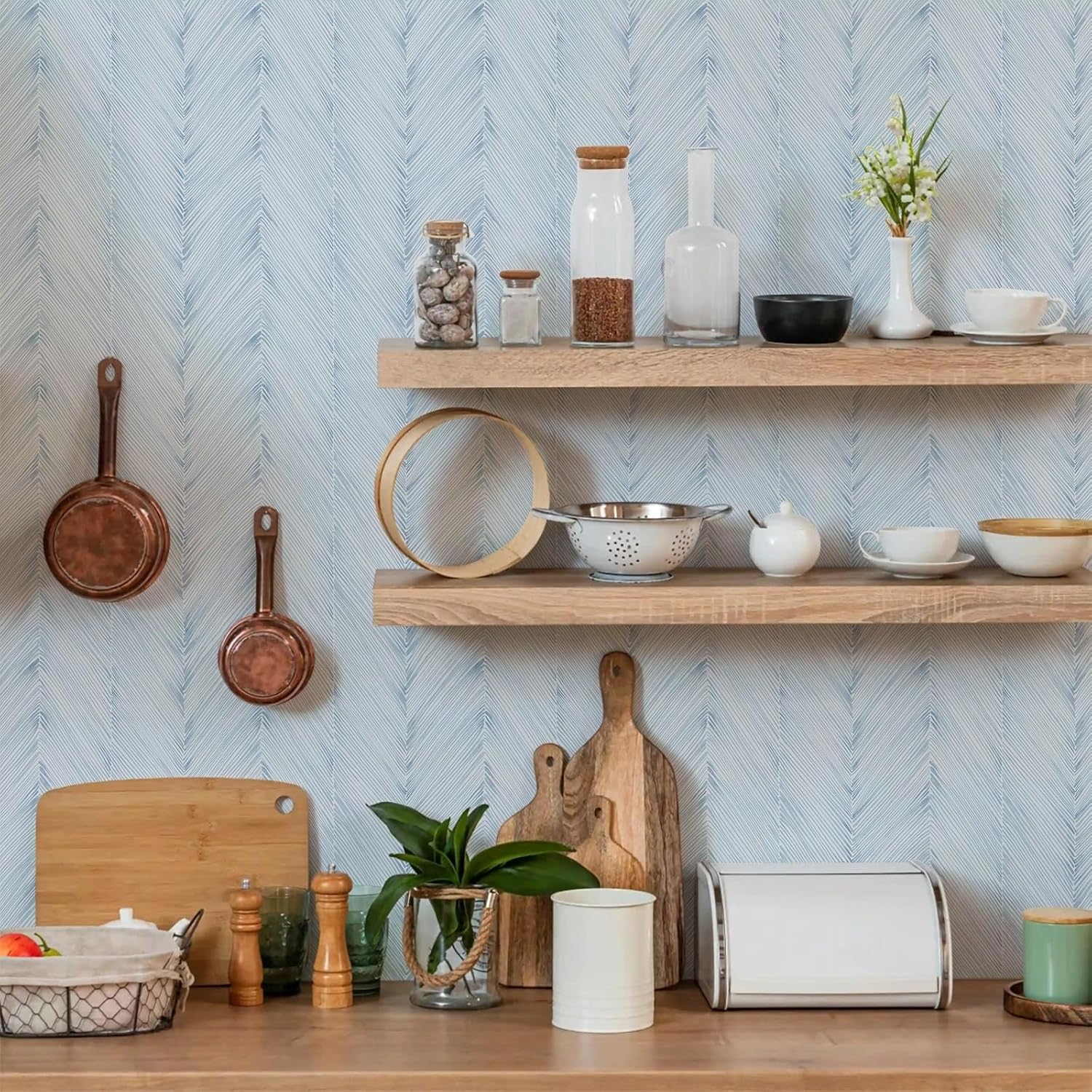 Modern Peel and Stick Wallpaper Boho Blue Contact Paper 17.3"x 480" Self-Adhesive Waterproof Neutral Wallpaper Vinyl Roll for Bathroom Bedroom Cabinets Décor