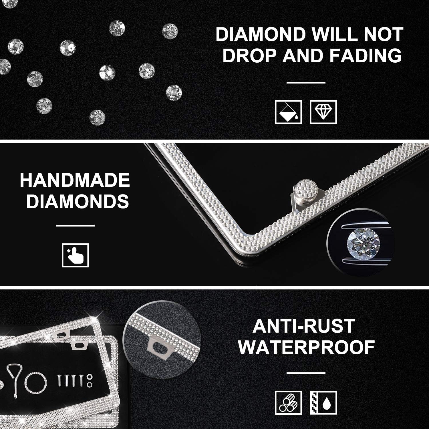 Lord Eagle License Plate Frame for Women, 2 Pack Rhinestone License Plate Frames with GiftBox and 7 Shiny Crystal Rows,Over 1050 pcs 14 Facets SS16 Finest Handcrafted Luxury image 3