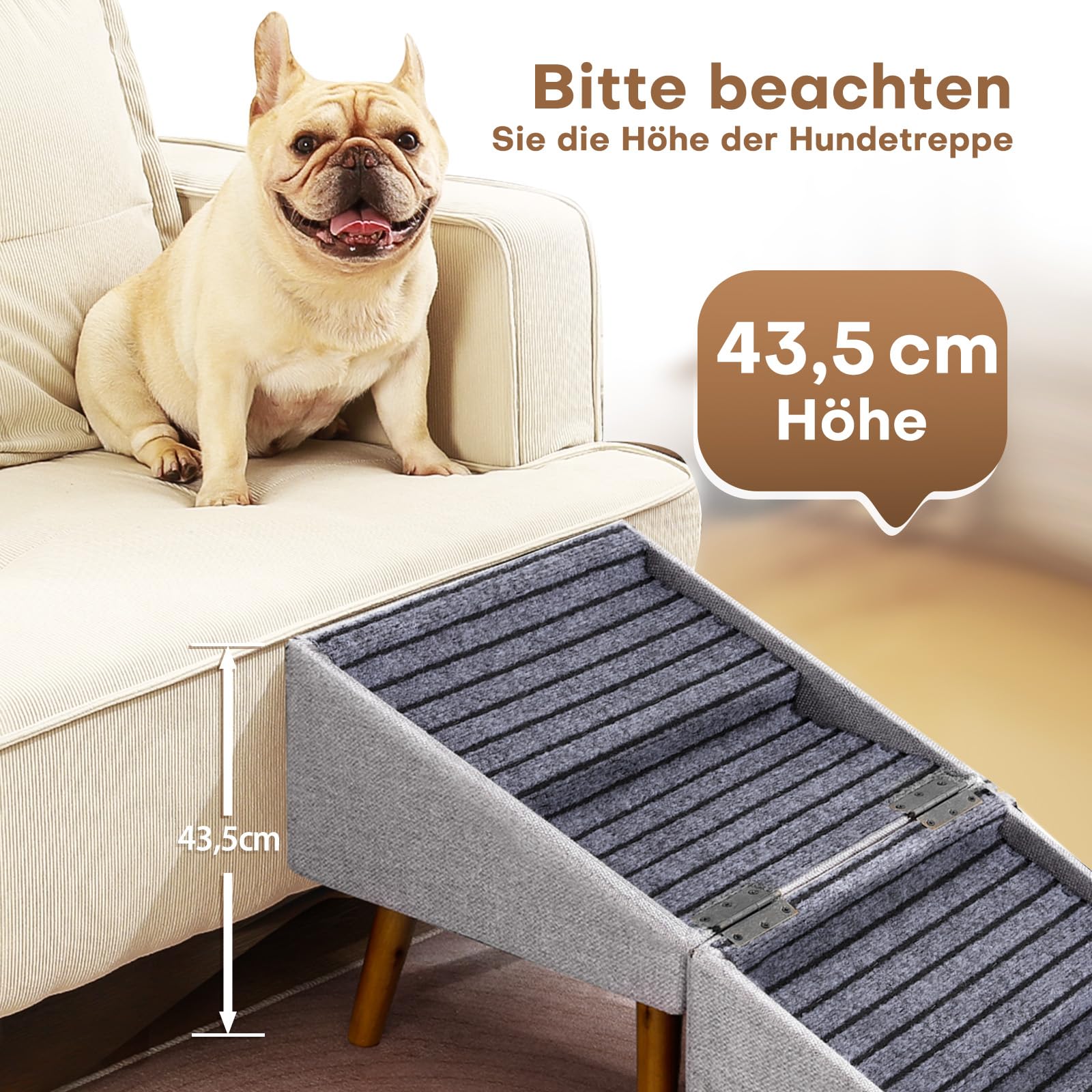 Hunde Treppe für kleine Hunde und Katzen für Couch und Bett, Klappbare 2-in-1 Holz Haustier Schritte für Welpen, Split Ottoman Design (Hellgrau-43,5 cm hoch)