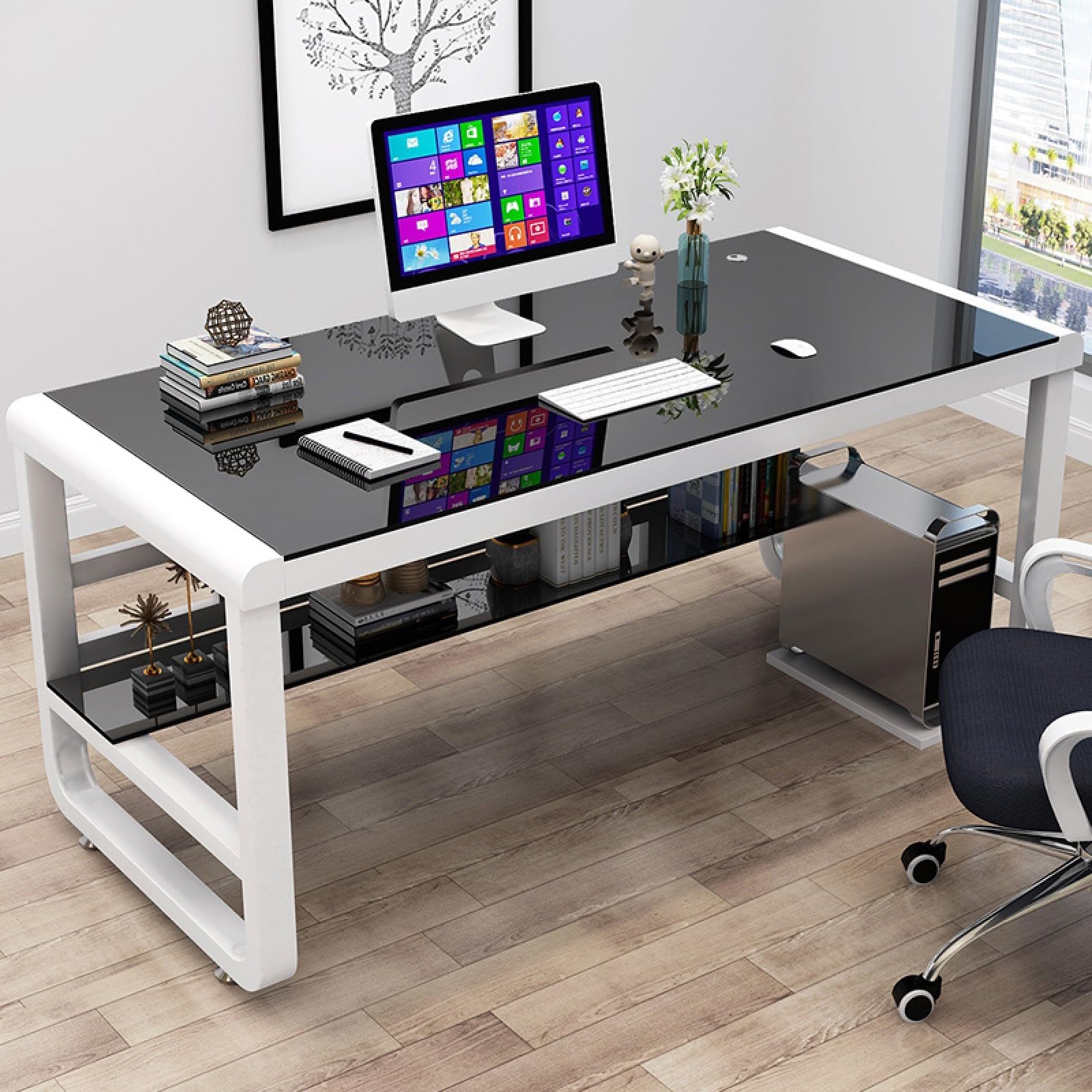 Scrivania per computer in vetro temperato, robusta struttura in acciaio al carbonio, superficie resistente per casa, ufficio, studio e gioco