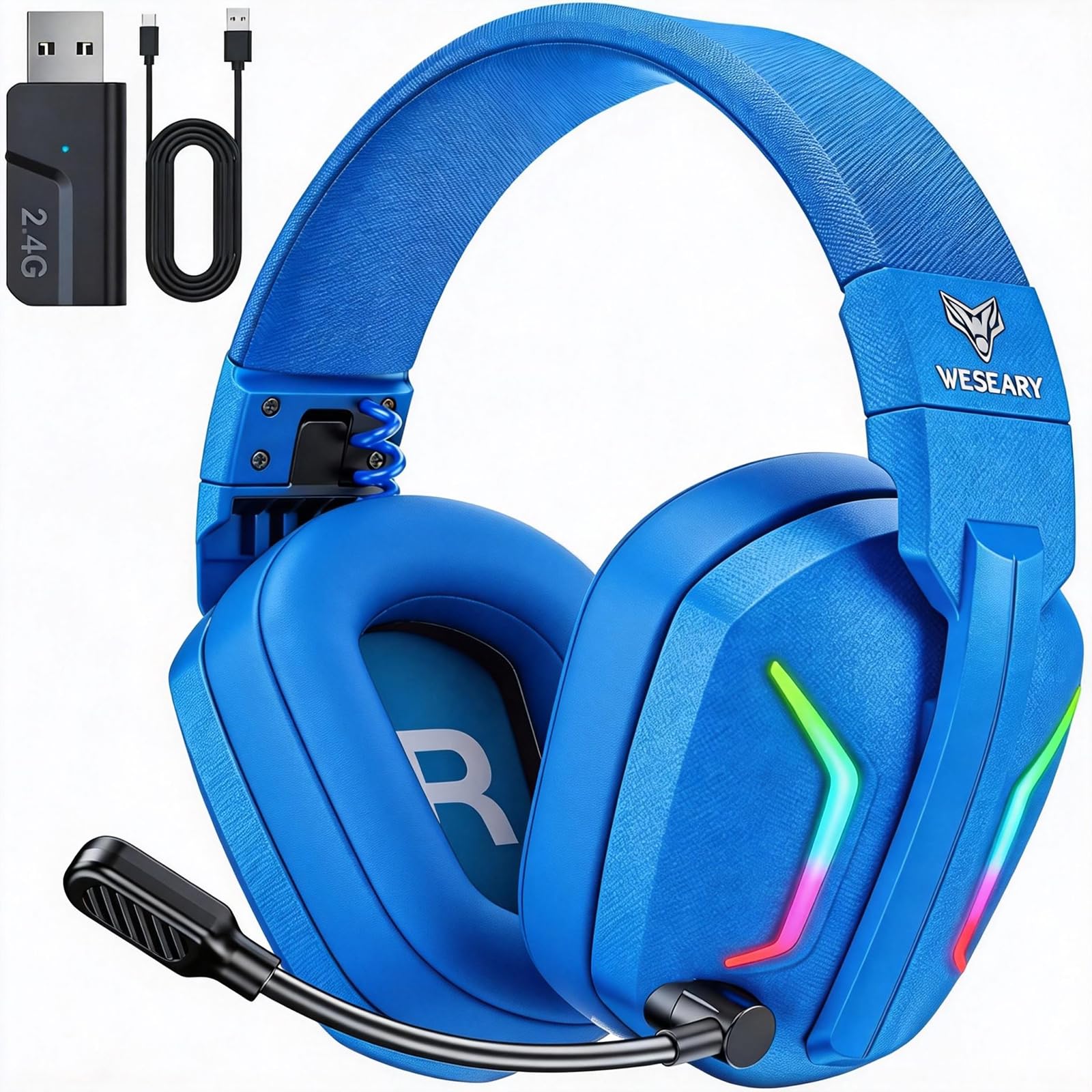 WESEARY WG1 Casque Gaming sans Fil, 2,4 GHz Casque Bluetooth sans Fil avec Micro pour PS5, PS4, PC, Switch, Mac, Mobile, Casque Gaming Pliable avec Son Stéréo et Éclairage LED, Batterie de 50h