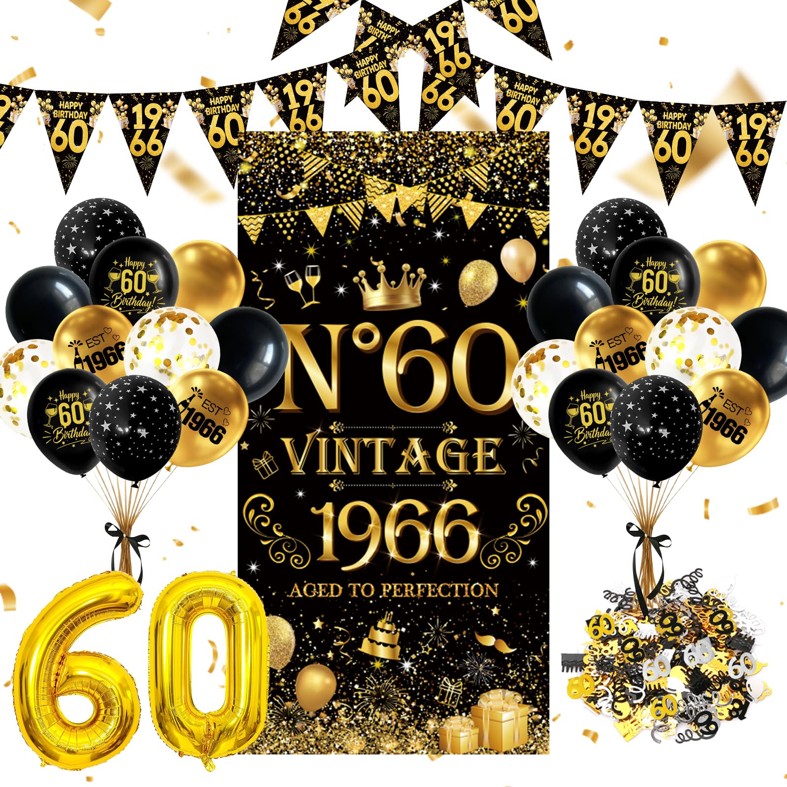 60th Birthday Decorations for Men Women, Vintage 1966 Black Gold Supplies