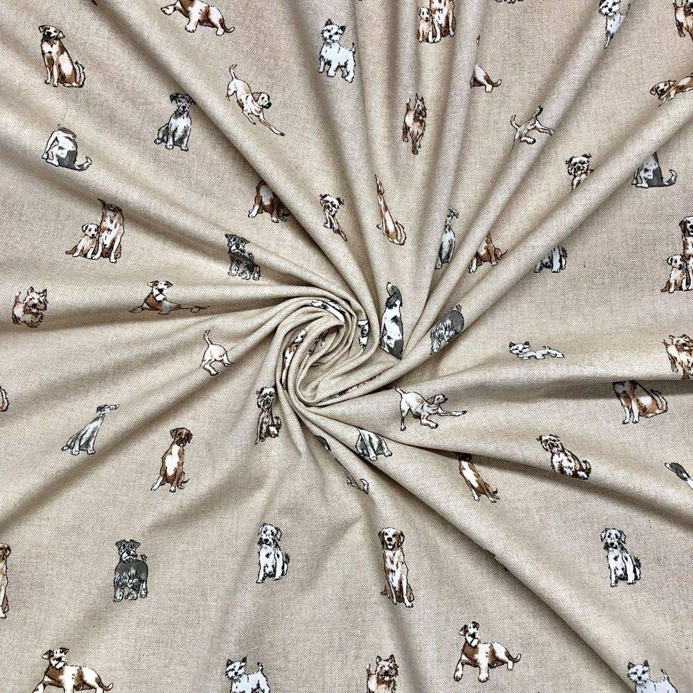 Thimbles Fabrics |– Natural Beige Shabby Dogs Pop Art Cotton Linen Fabric Dogs/Puppies Printed Upholstery Cushions Curtains Bag Making Dressmaking Crafts Art 140cm - Sold by The Meter