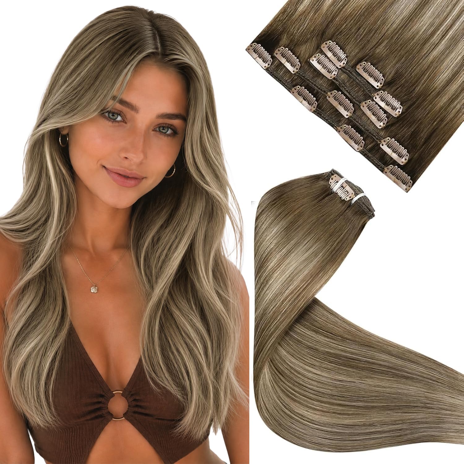 LaaVoo Extensiones de Clip de Pelo Natural Balayage Castaño Claro Ombre Rubio Dorado Extensiones Pelo Natural Corto Con Clip 30cm Liso 5 Pieza 70g #8/16/8