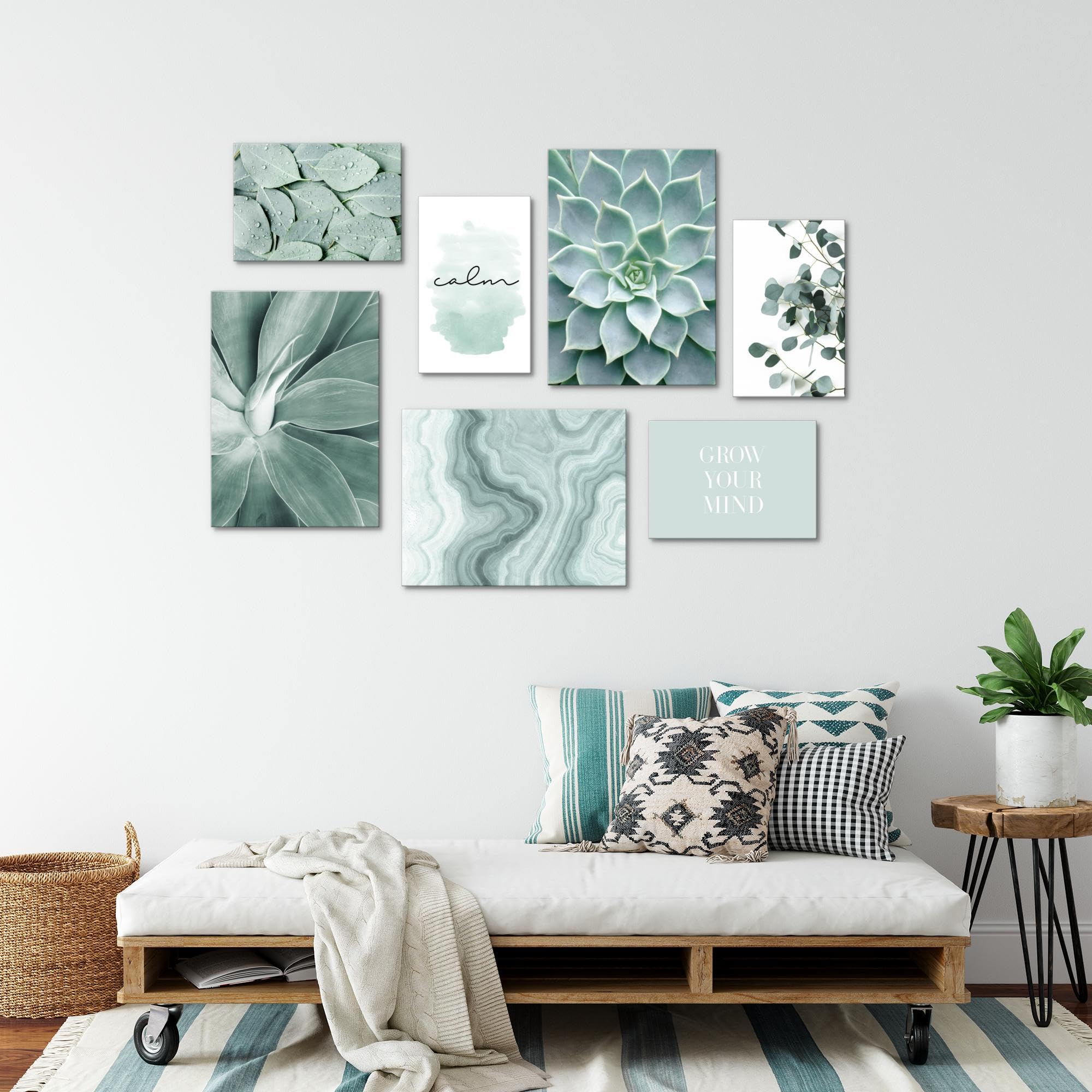 Novart Set of Canvas - COMPLETELY READY TO HANG - Pictures for Wall - Green leaves - 7 Parts - Living Room Bedroom N027471a - Image 2