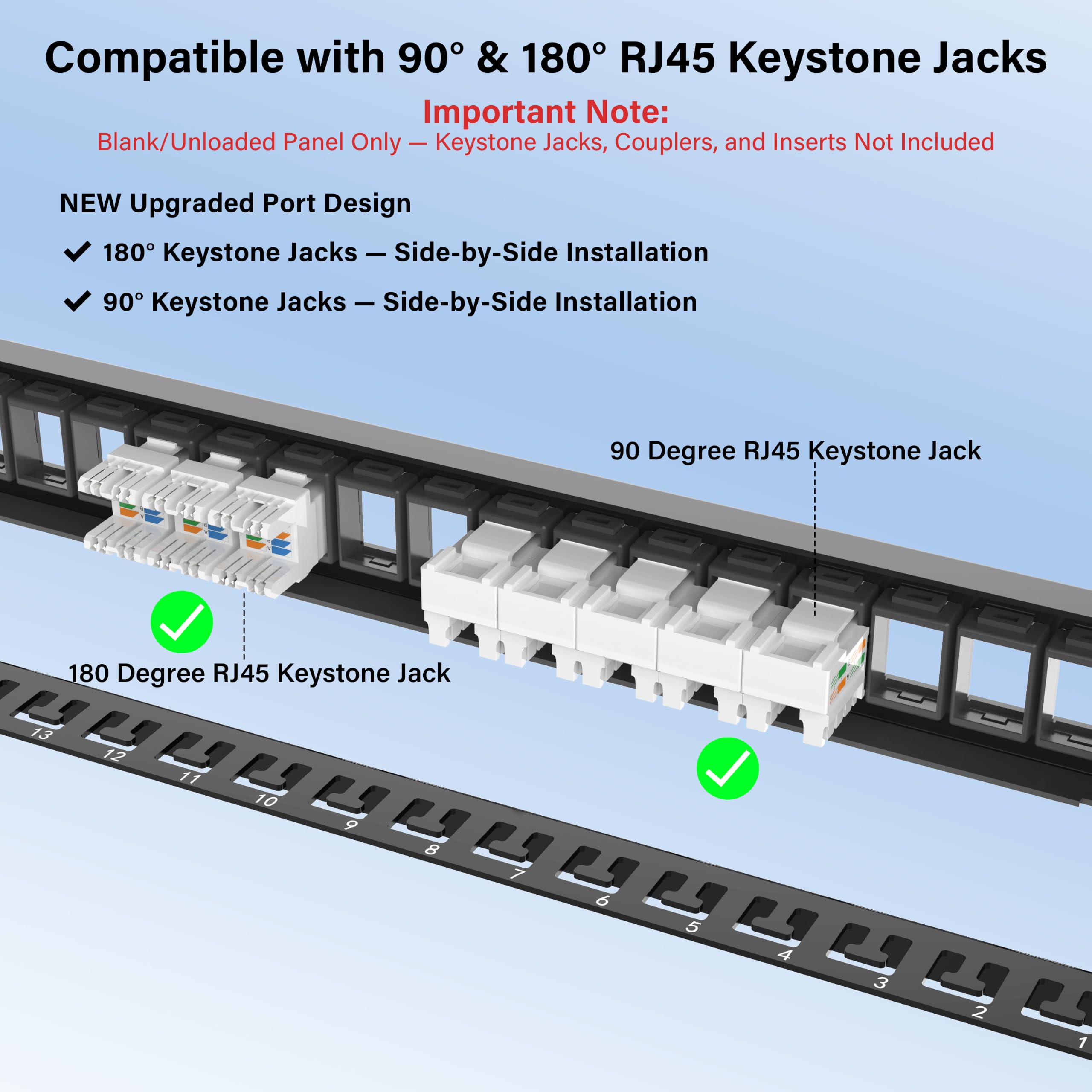 Jadaol Panneau de brassage vierge 1U de 19 po, panneau Keystone à montage en rack à 24 ports pour Cat6/Cat6a, HDMI, coaxial, fibre et audio – Cadre en métal (prises Keystone non incluses)